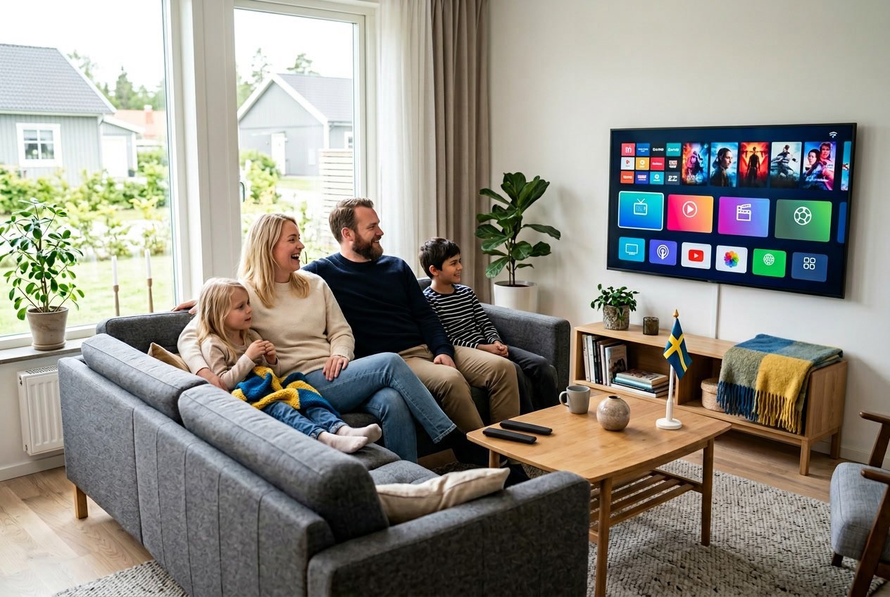 En svensk familj sitter i ett modernt vardagsrum och tittar på en stor TV med olika streamingkanaler.