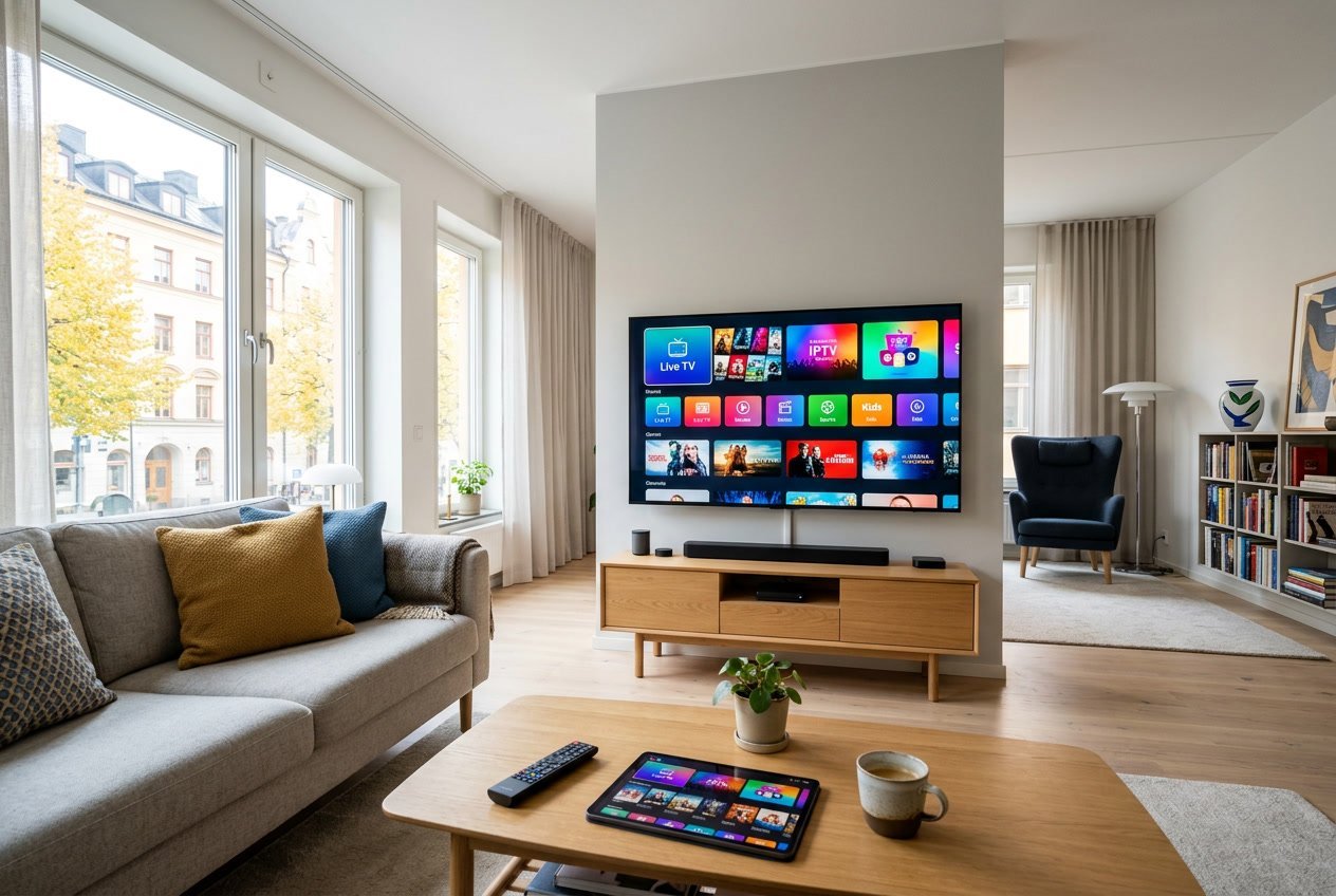 Ett modernt vardagsrum med en platt-tv som visar en färgstark IPTV-tjänst, med en fjärrkontroll och surfplatta på ett bord.