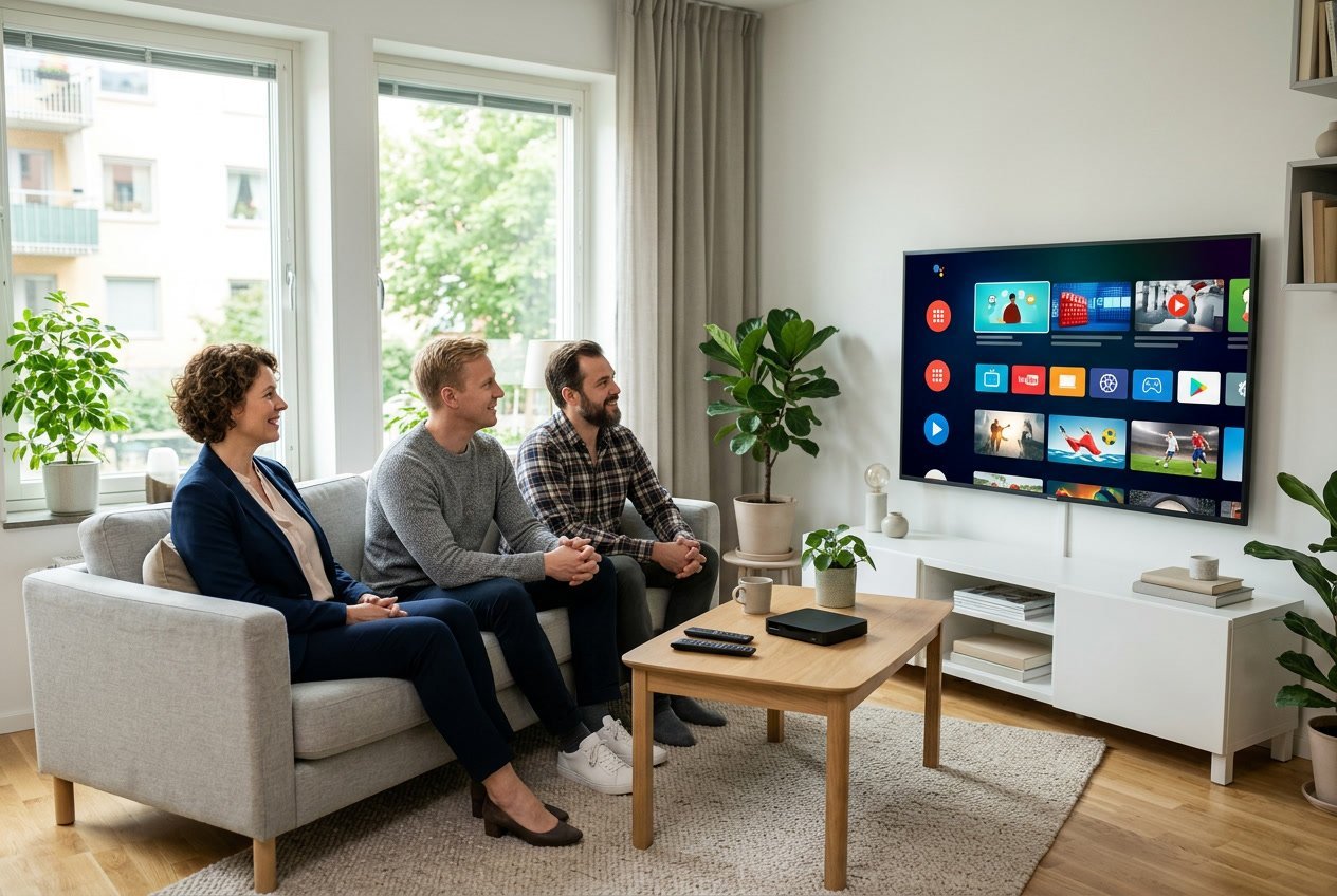 En man och en kvinna sitter i ett vardagsrum och tittar på en stor tv-skärm med IPTV-innehåll, omgivna av modern inredning och naturligt ljus.