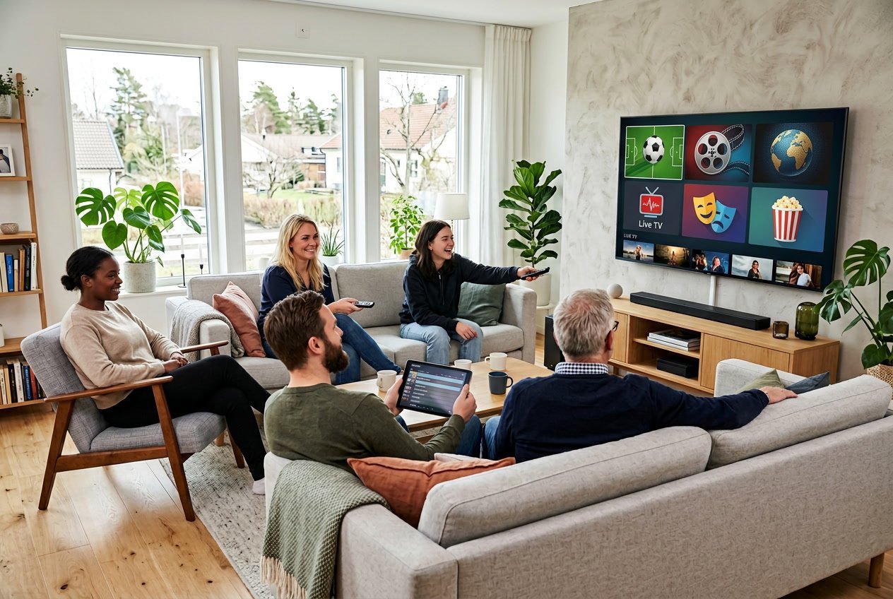 En modern vardagsrumsmiljö med en stor smart-tv som visar olika IPTV-kanalkategorier, där flera personer sitter bekvämt och tittar på skärmen.