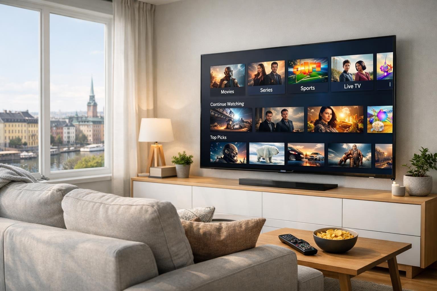 Ett modernt vardagsrum med en platt-TV som visar streaminginnehåll, stora fönster med utsikt över en svensk stad, och en soffa med kuddar.