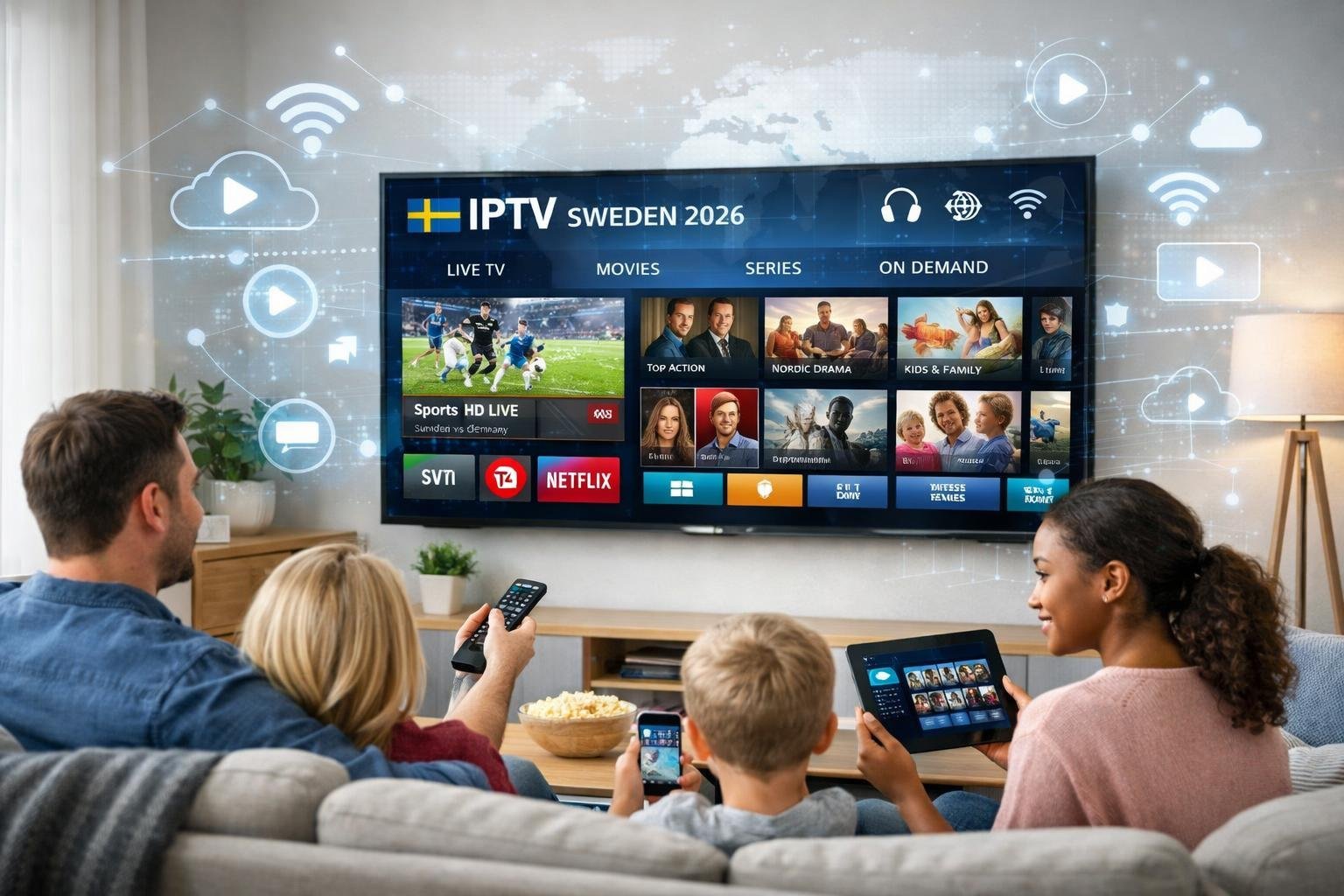 En familj sitter i ett vardagsrum och tittar på en stor smart-tv med olika kanaler och streaminginnehåll.