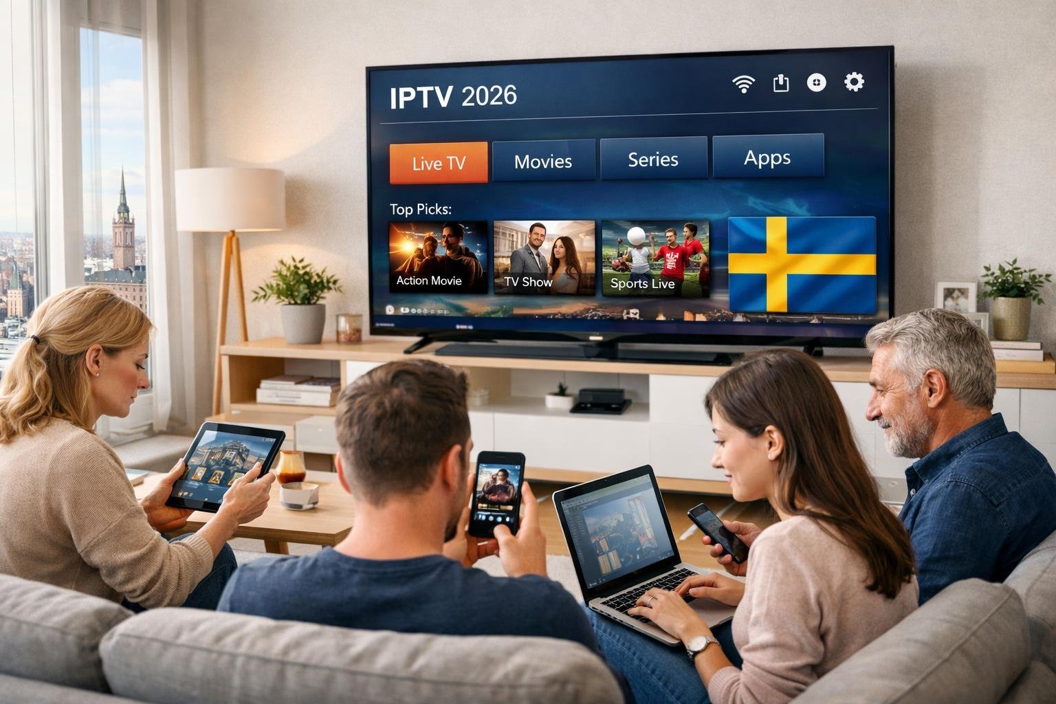 En modern vardagsrumsmiljö med en stor smart-tv och flera personer som använder digitala enheter, med utsikt över Stockholms stad genom ett fönster.