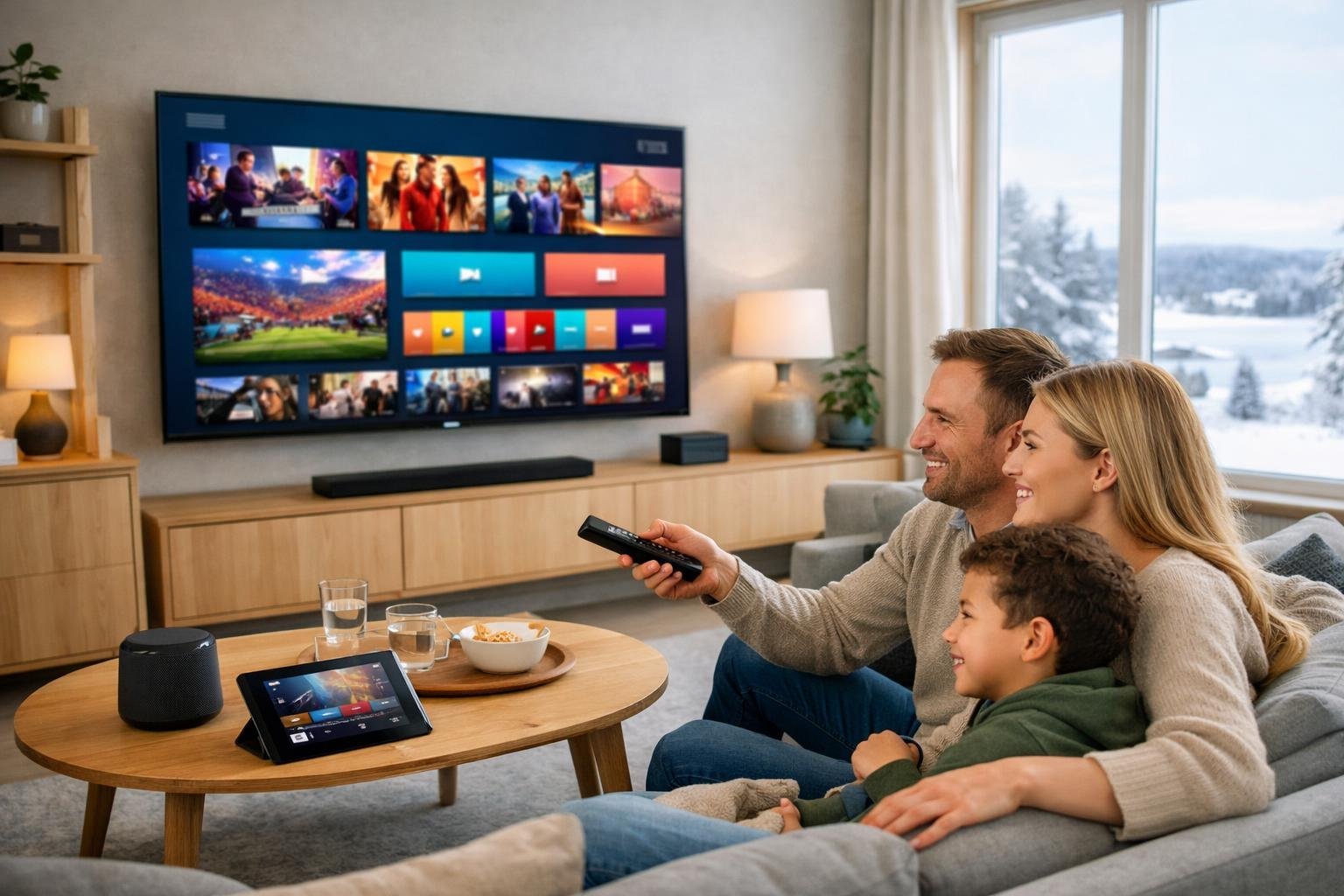 En svensk familj sitter i ett vardagsrum och tittar på en stor smart-tv med en IPTV-tjänst, omgiven av modern inredning och naturligt ljus.
