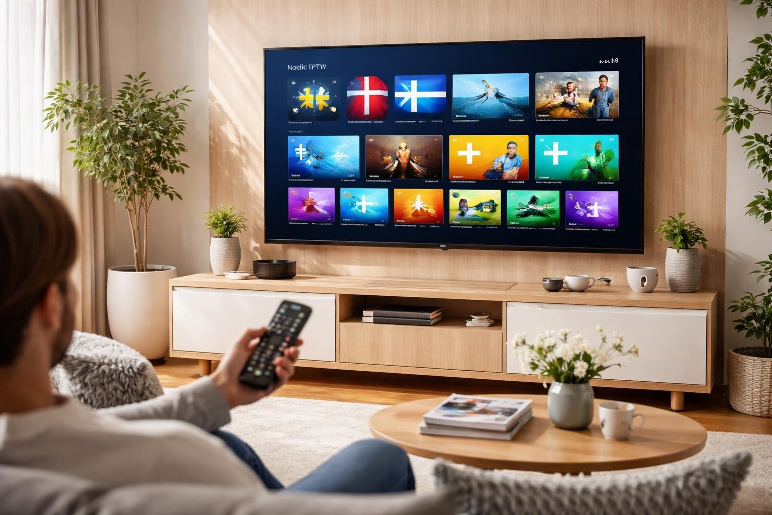 Ett modernt vardagsrum med en platt-tv som visar en färgstark IPTV-tjänst från Norden, med en person som sitter i soffan och håller en fjärrkontroll.