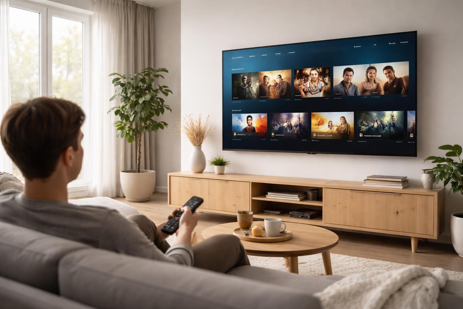 En person sitter i ett modernt vardagsrum och tittar på en stor TV med olika streamingalternativ synliga på skärmen.