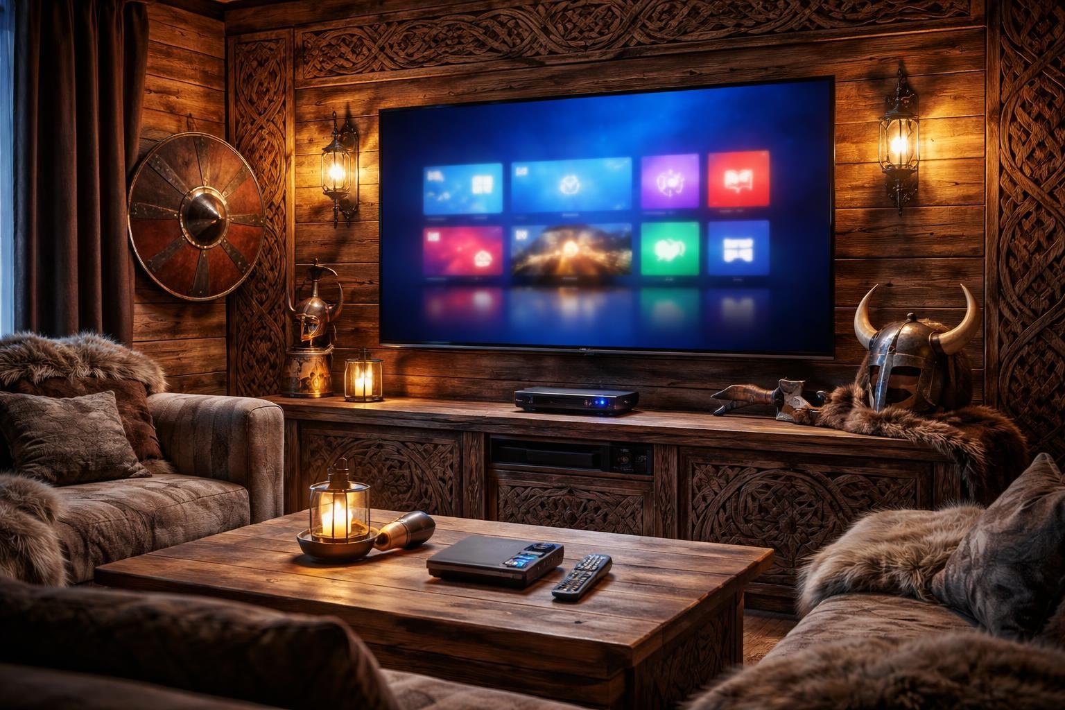 Ett vardagsrum med vikingainspirerad inredning och en modern tv-skärm som visar en streamingtjänst utan text.