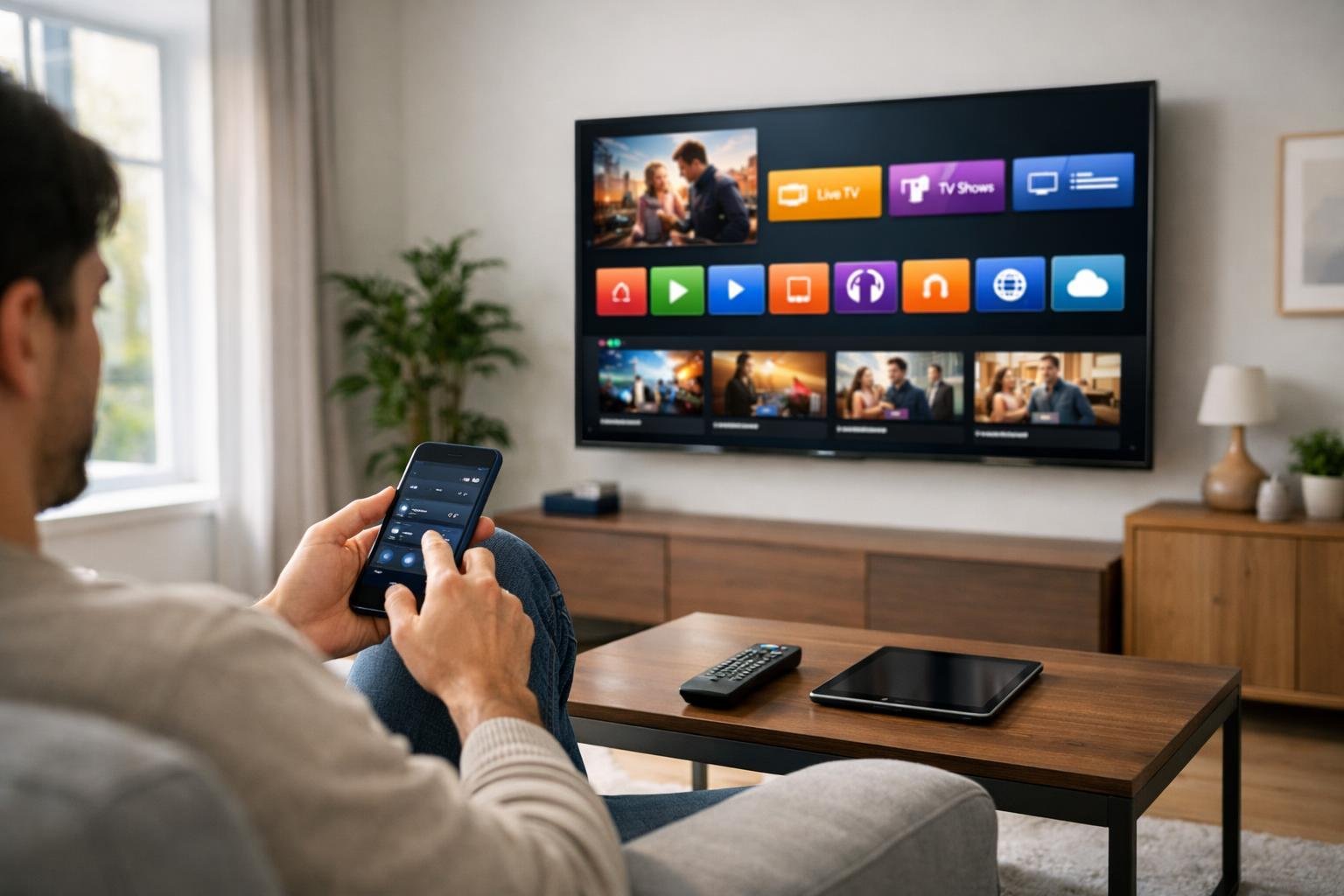 Ett vardagsrum med en stor smart-TV som visar IPTV-appar, en person sitter i soffan och använder en smartphone.