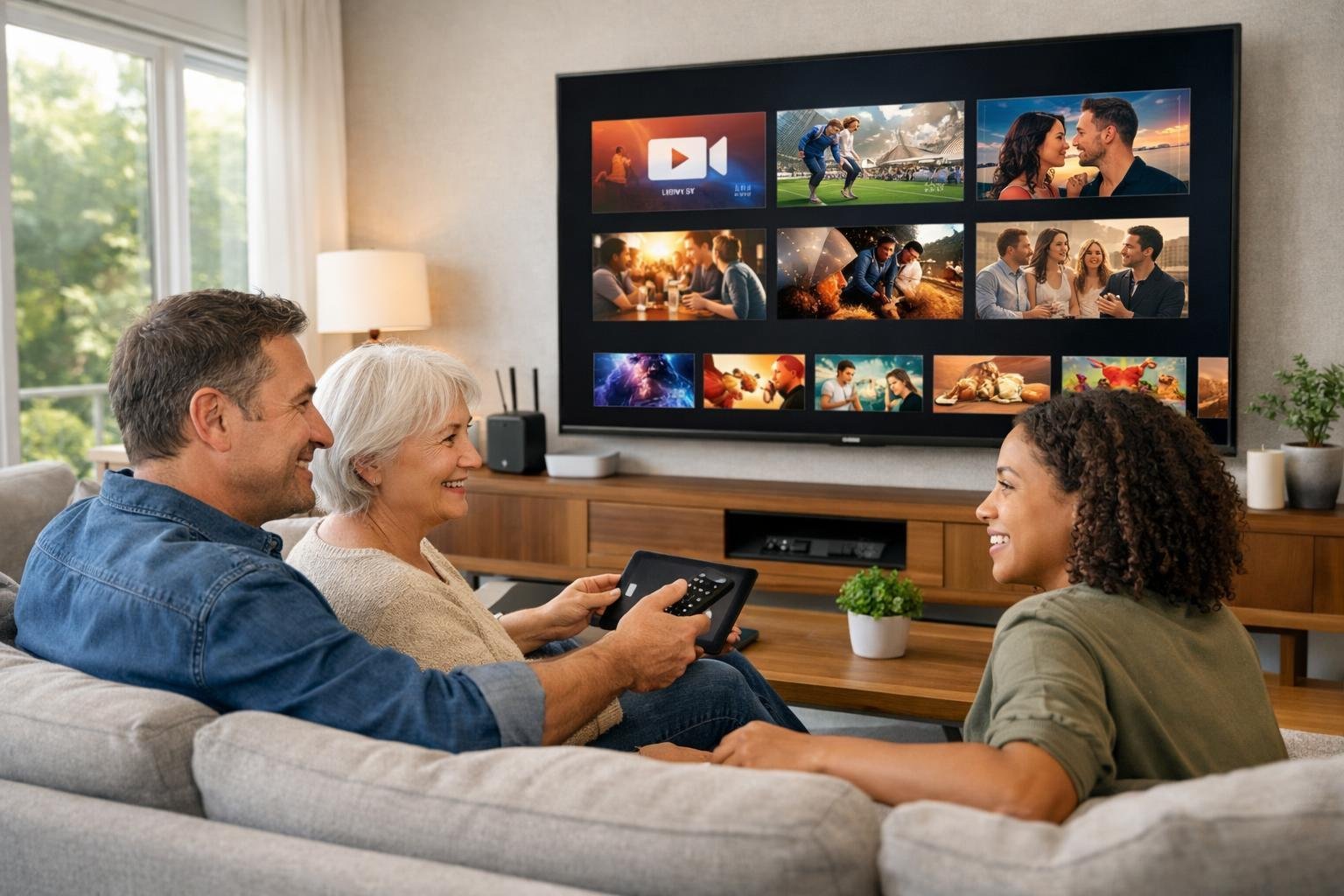 En familj som tittar på en stor smart-tv i ett modernt vardagsrum med streaminginnehåll på skärmen.
