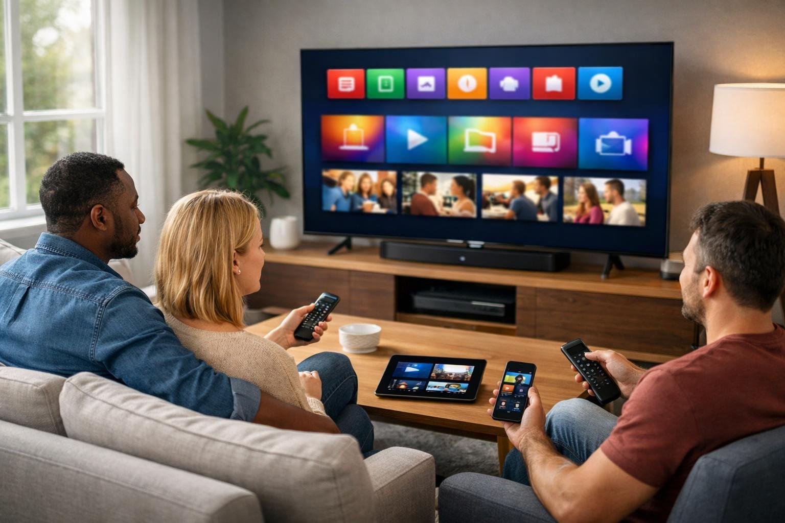 En grupp människor som sitter i ett vardagsrum och använder fjärrkontroller och mobila enheter framför en smart-tv med appar för IPTV.