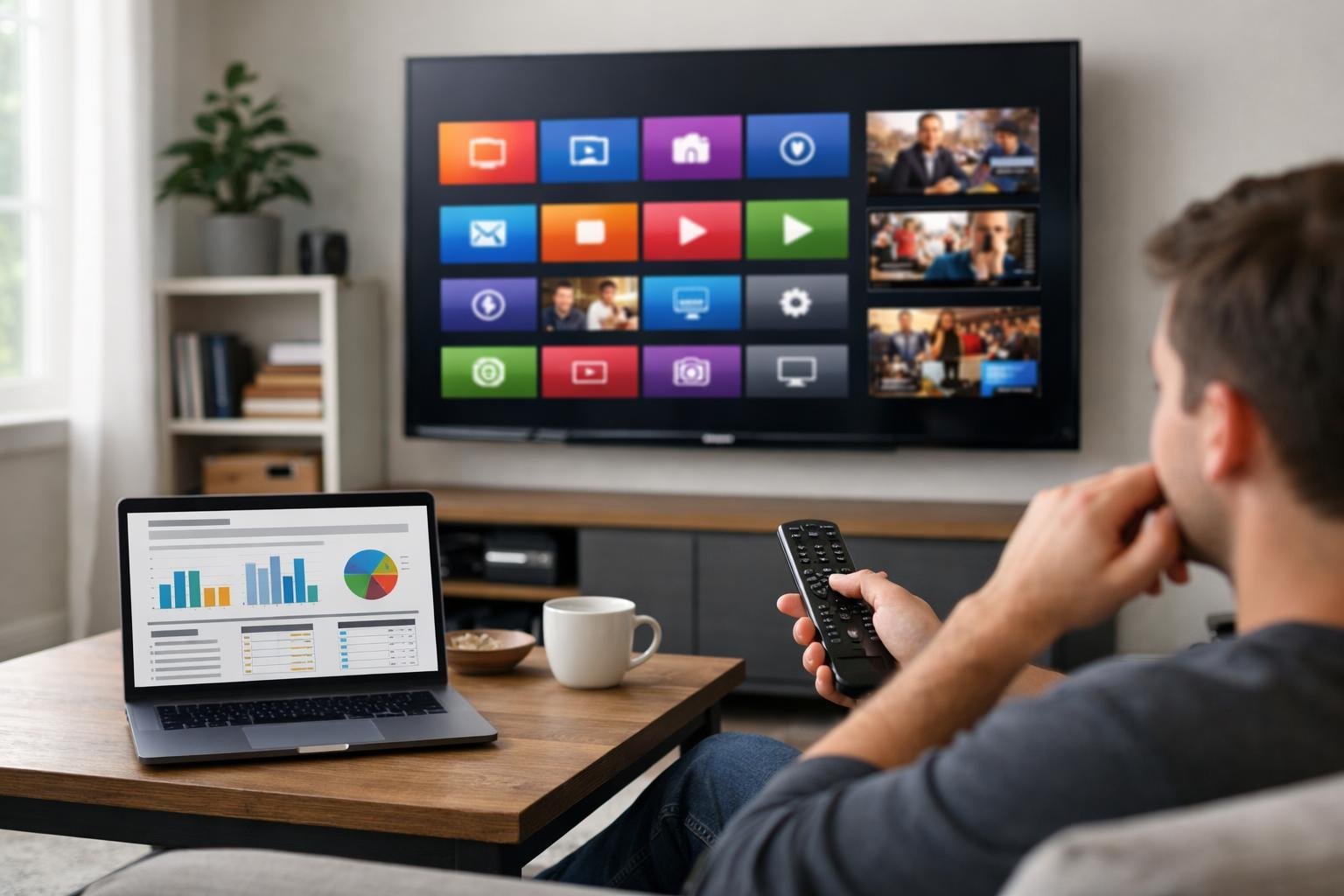 En person sitter i ett vardagsrum och tittar på en stor tv med olika streamingappar, medan en laptop med diagram står på ett bord bredvid.