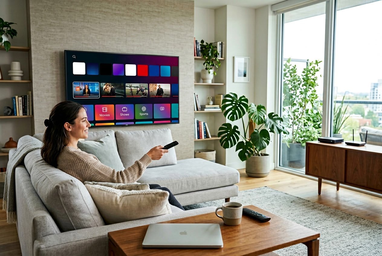 En person sitter i ett modernt vardagsrum och tittar på en smart-tv med IPTV-tjänst på skärmen.
