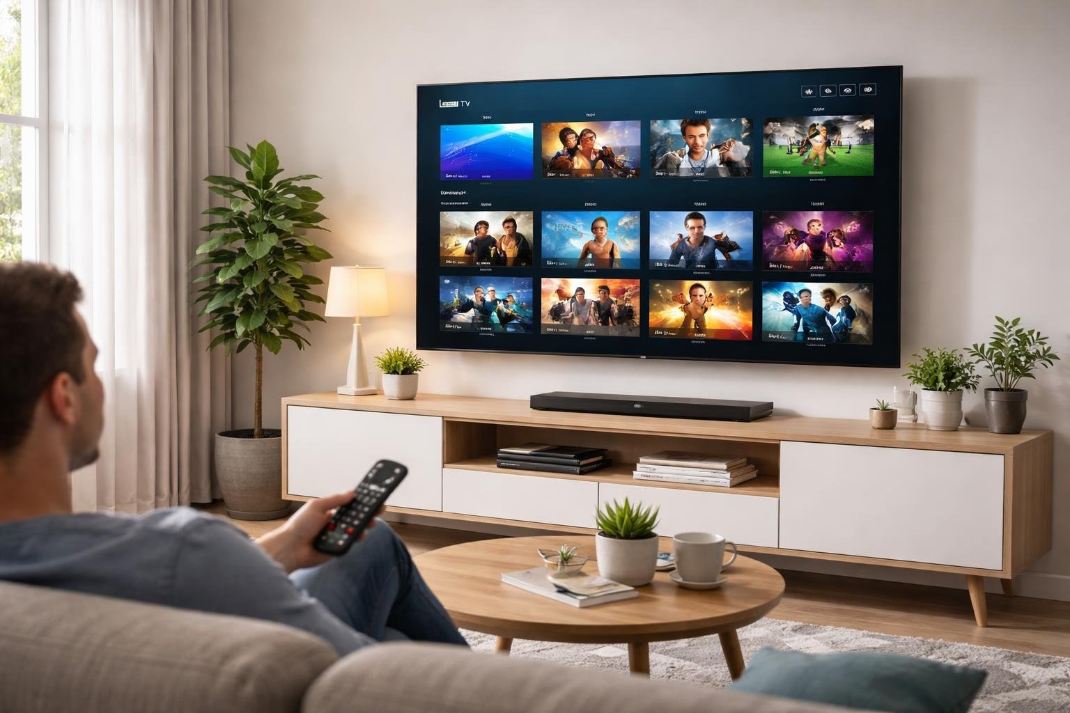 Ett vardagsrum med en stor TV som visar IPTV-gränssnitt och en person som sitter i en soffa och håller en fjärrkontroll.