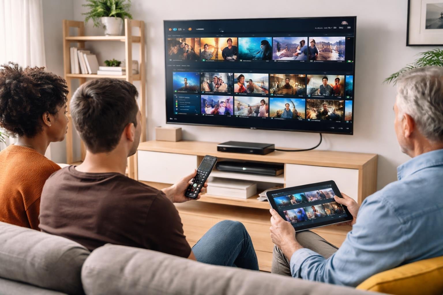En modern vardagsrumsscen med en stor smart-TV som visar IPTV-innehåll och två personer som tittar på skärmen medan de använder en fjärrkontroll och en surfplatta.