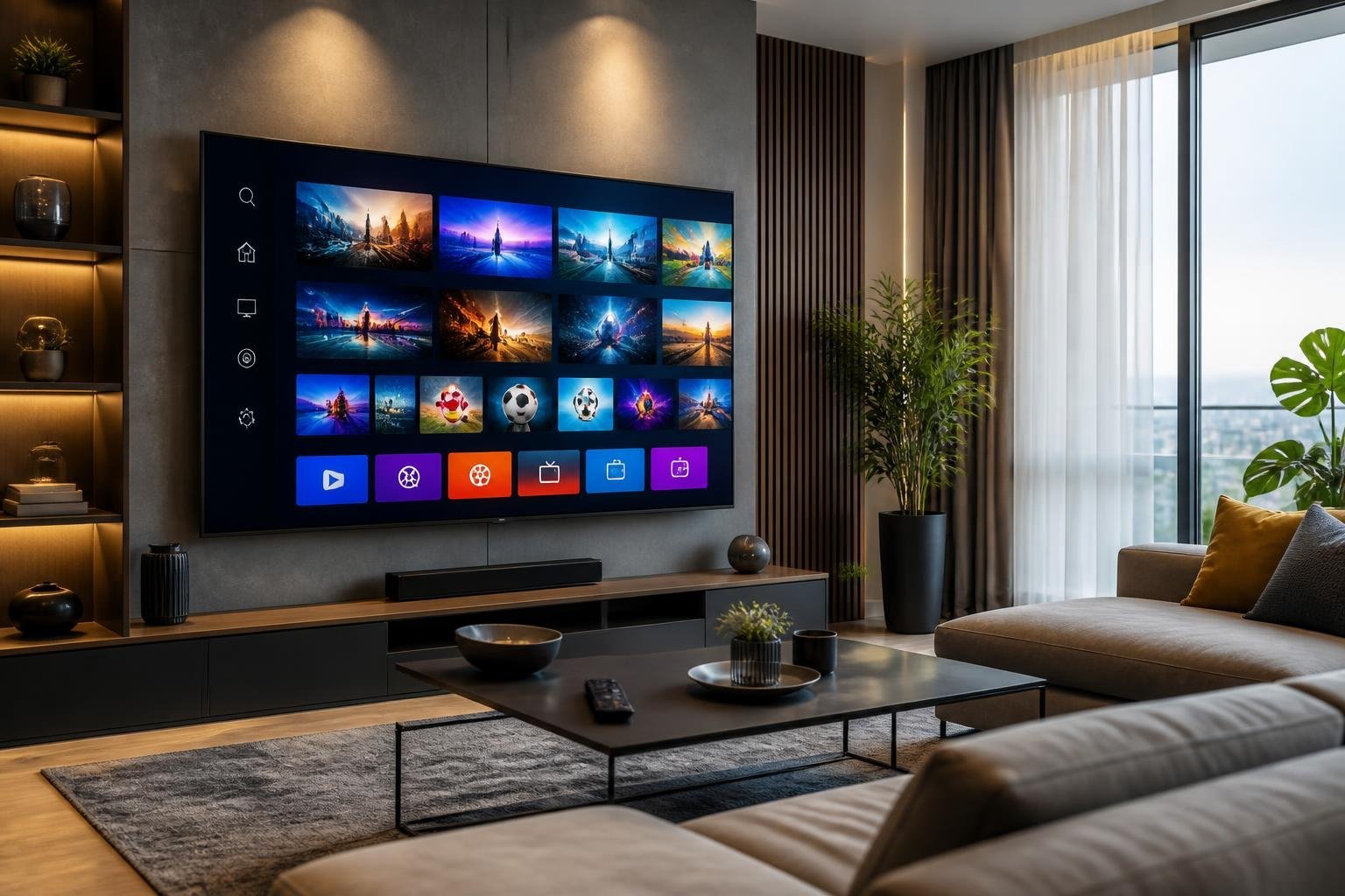 Ett modernt vardagsrum med en stor smart-tv som visar en färgstark streamingmeny och en fjärrkontroll på ett soffbord.