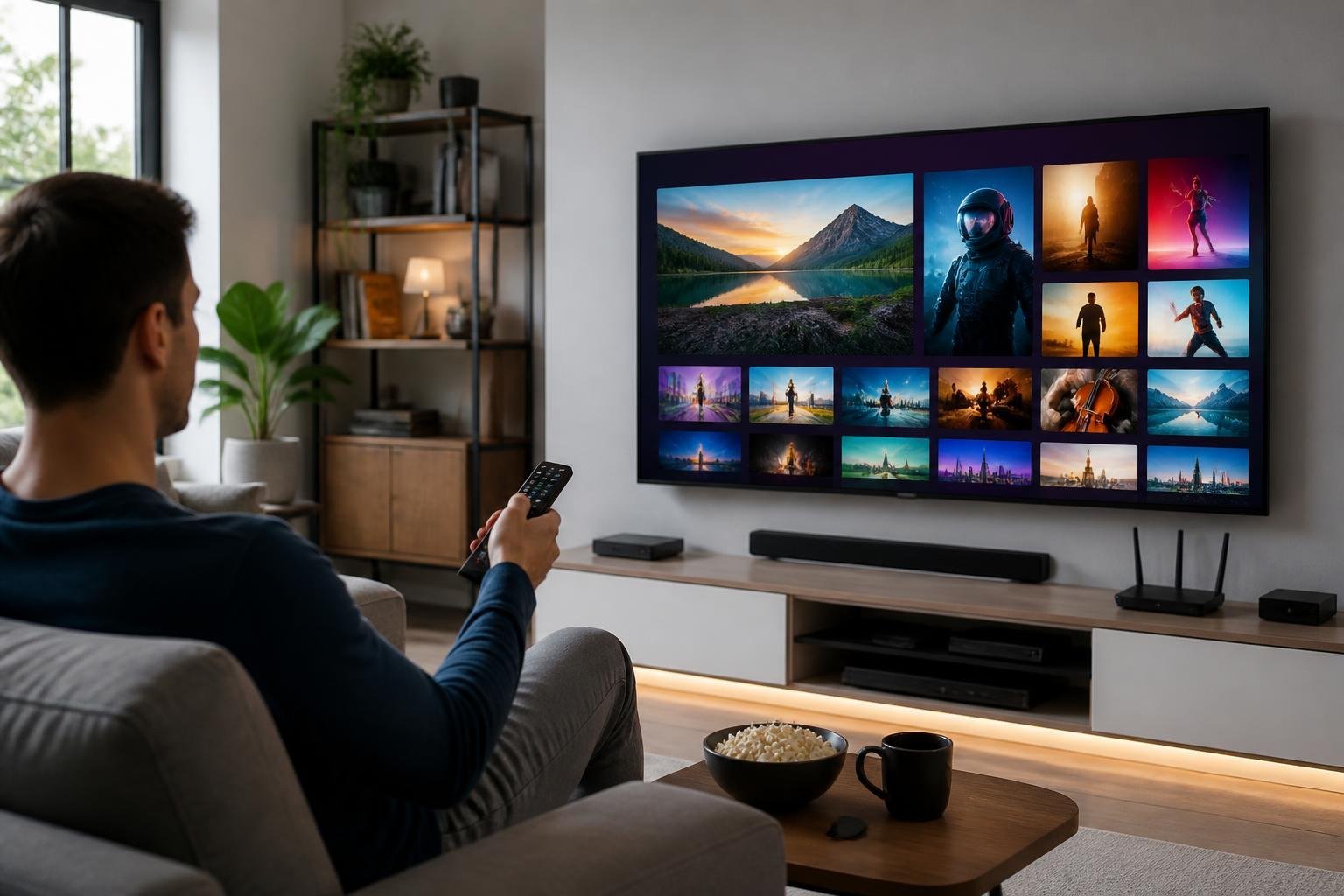 En person sitter i ett vardagsrum och använder en fjärrkontroll för att styra en stor smart-TV som visar olika streamingkanaler.