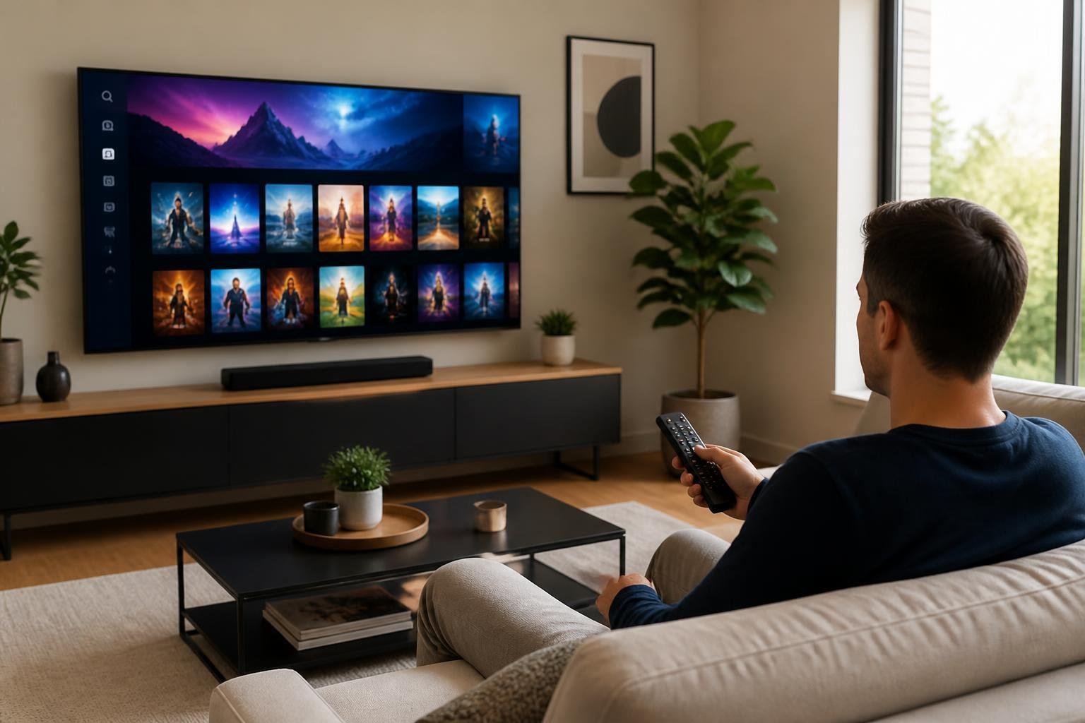 En person som väljer IPTV-tjänst framför en TV i ett modernt vardagsrum.
