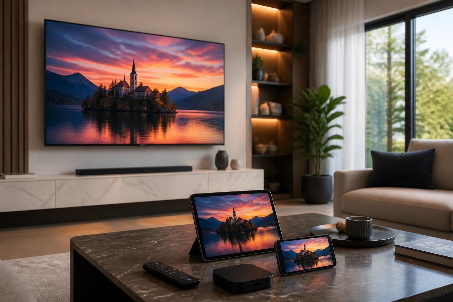 Ett vardagsrum med en stor smart-tv, en surfplatta och en smartphone som visar videoinnehåll, med modern inredning och naturligt ljus.
