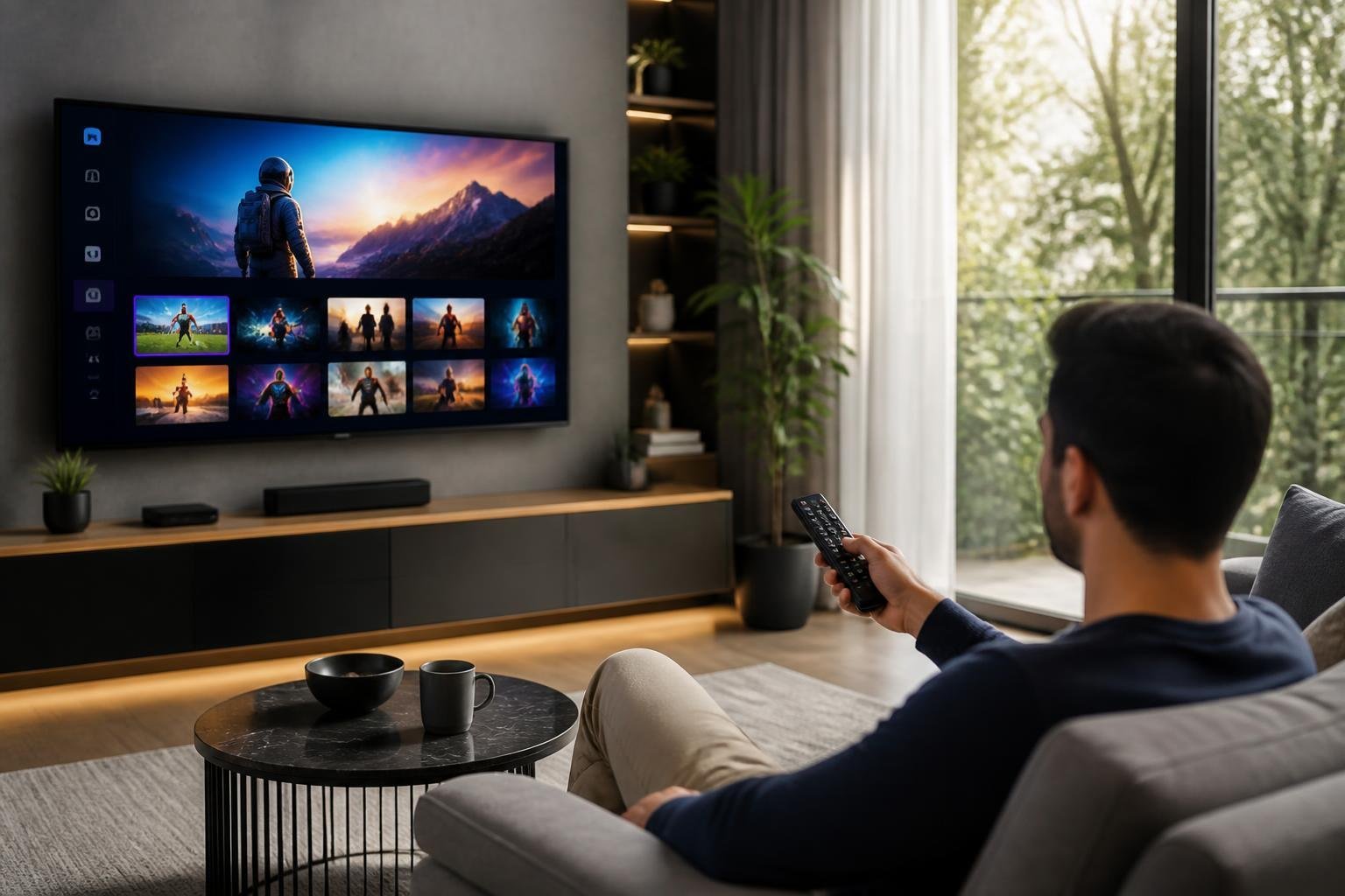 Ett vardagsrum med en smart-tv som visar en färgstark användargränssnitt och en person som håller en fjärrkontroll.
