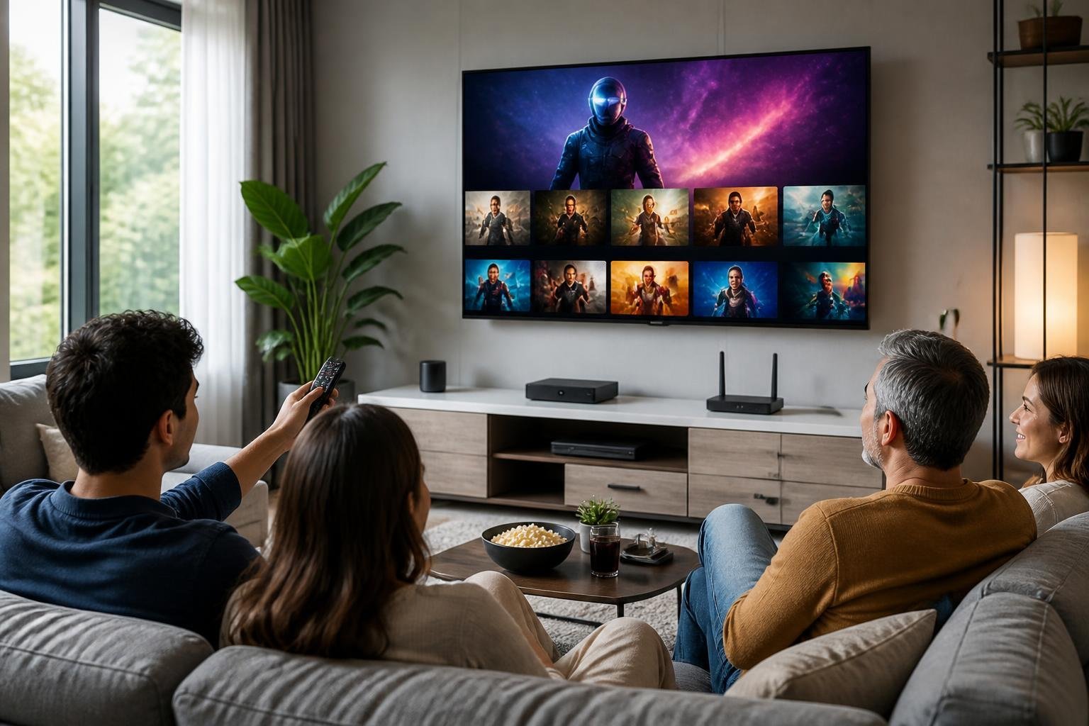 En modern vardagsrumsscen med en stor TV som visar streaminginnehåll och två personer som tittar på skärmen och använder en fjärrkontroll.