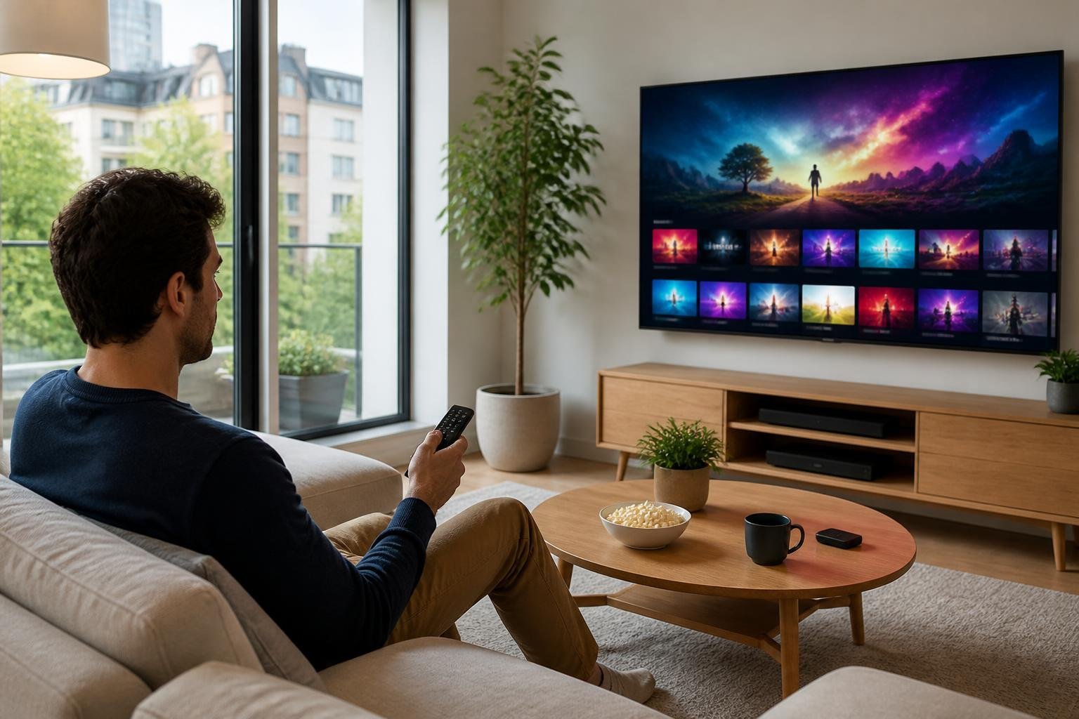 En person som sitter i ett modernt vardagsrum och tittar på en tv med en färgstark streamingtjänst på skärmen.