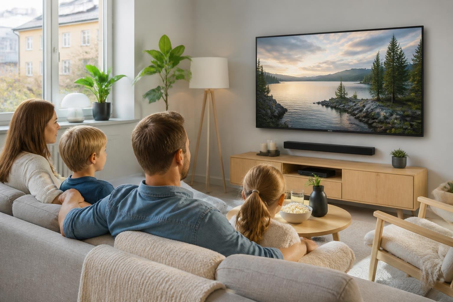 En svensk familj tittar på en tv i ett modernt vardagsrum med stora fönster och ljus inredning.