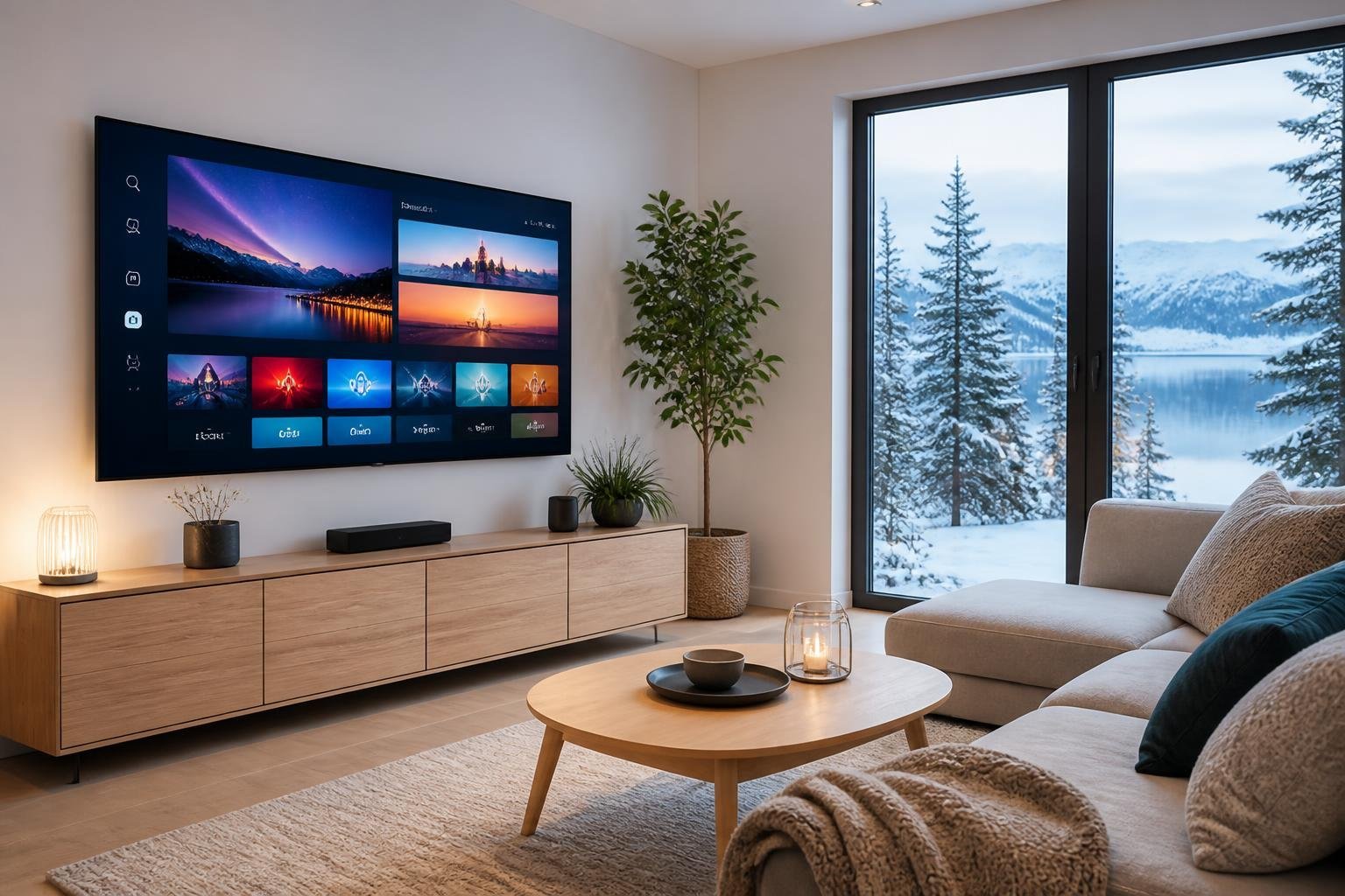 Ett modernt skandinaviskt vardagsrum med en platt-TV som visar IPTV i ett ljust rum med stora fönster och utsikt över ett snöigt nordiskt landskap.