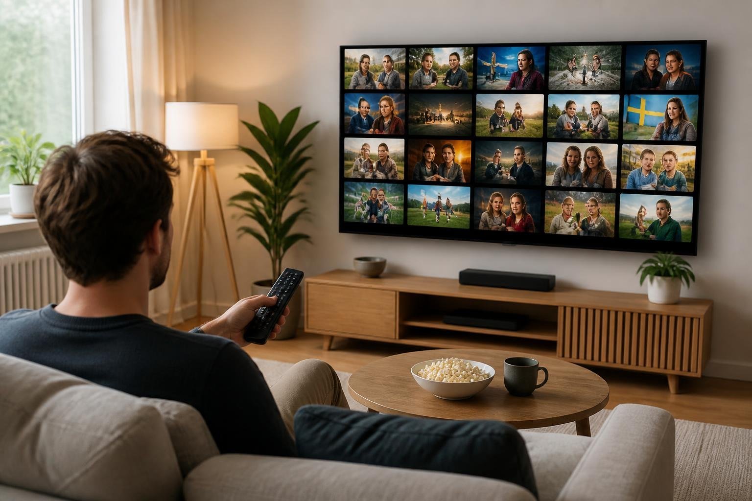 En person sitter i ett modernt vardagsrum och tittar på en stor TV med flera IPTV-kanaler från Sverige på skärmen.