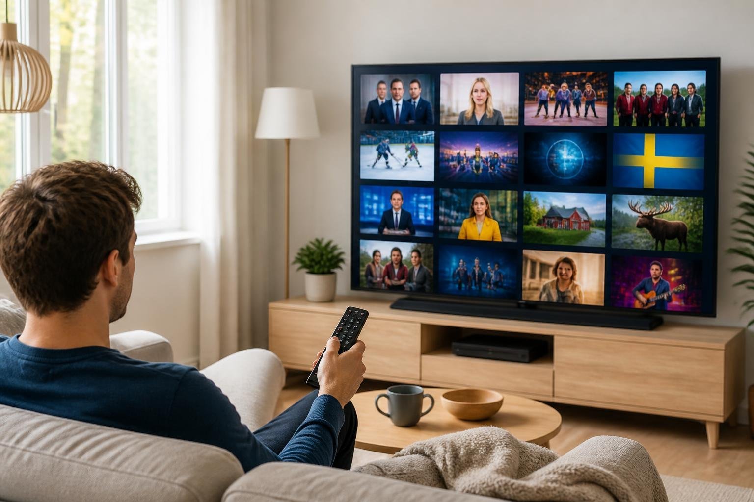En person sitter i ett vardagsrum och tittar på en stor TV med svenska kanaler på skärmen.