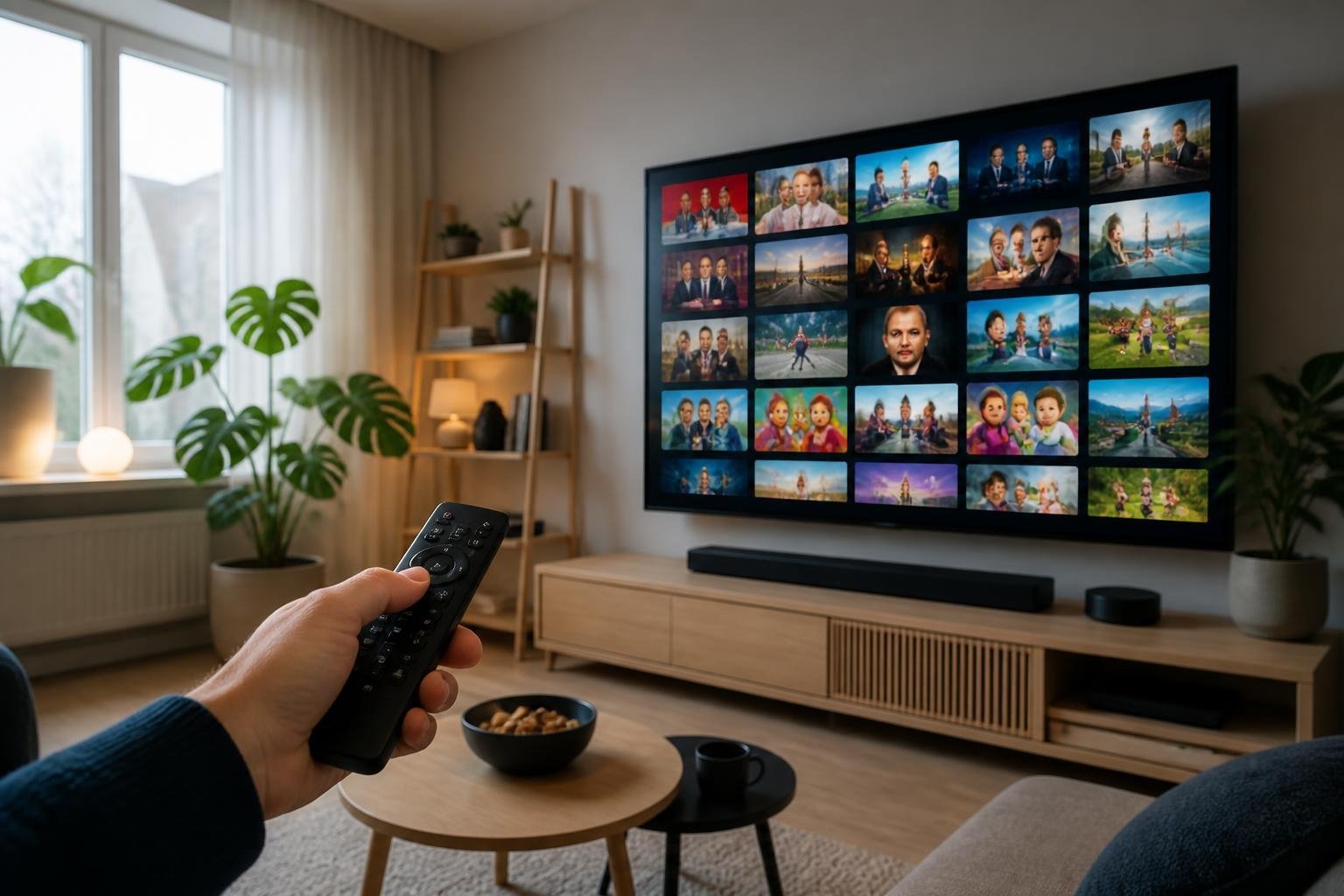 Ett vardagsrum med en tv som visar olika IPTV-kanaler och en hand som håller en fjärrkontroll.
