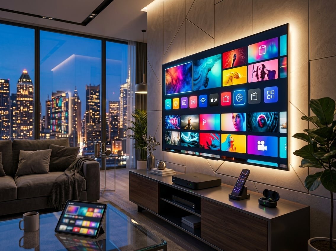 En modern vardagsrumsmiljö med en stor smart-TV som visar olika streamingappar och kanaler, tillsammans med tekniska enheter på ett mediabord.