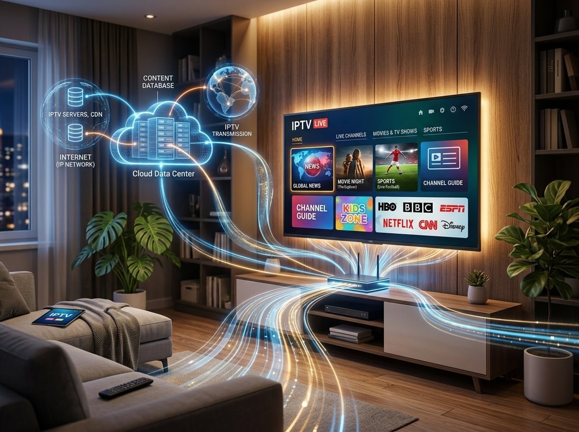 Ett vardagsrum med en stor TV som visar olika streamingalternativ och digitala dataflöden som symboliserar IPTV-teknik.
