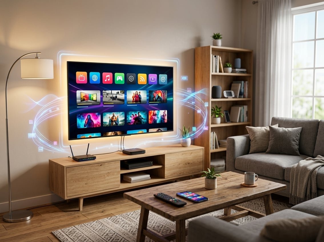 Ett modernt vardagsrum med en smart-TV på en mediakonsol, en fjärrkontroll på ett soffbord och en router som visar internetanslutning.