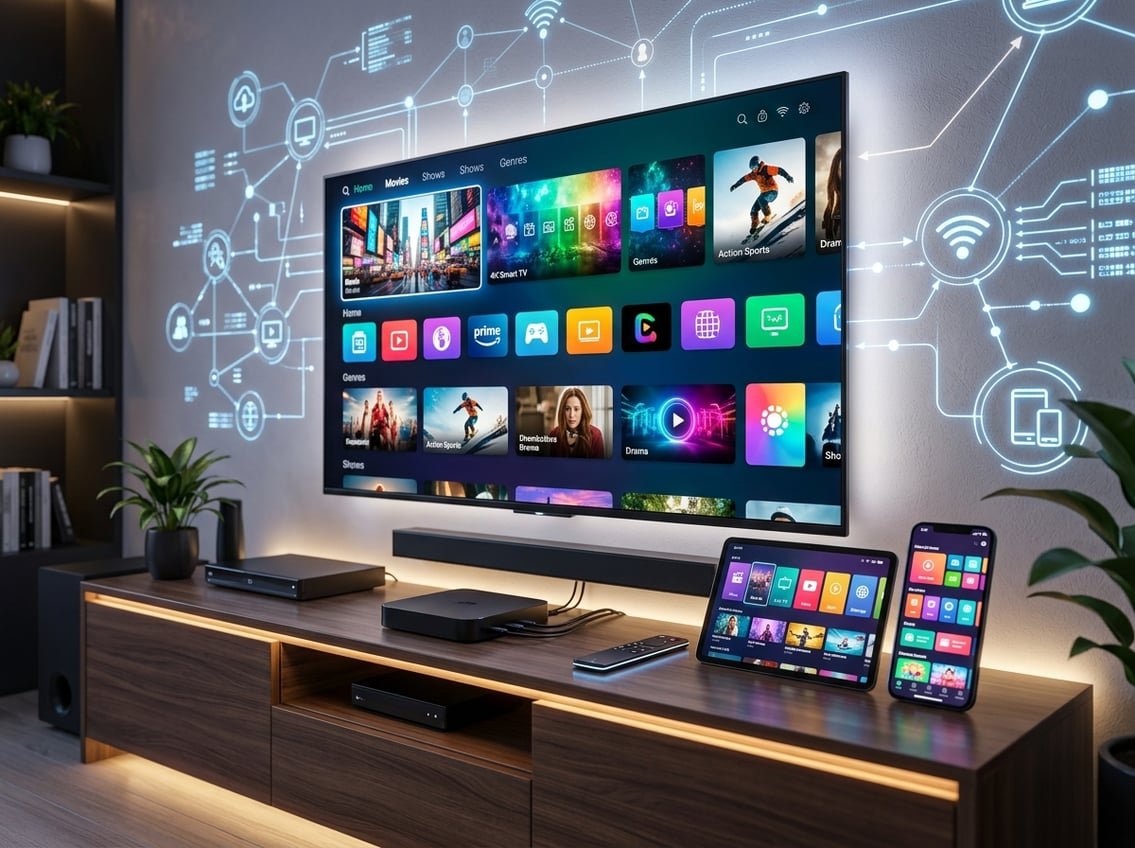 En 3D-bild av olika digitala enheter för uppspelning av IPTV, inklusive en smart-TV, en streaming-enhet, en surfplatta och en smartphone, arrangerade på ett modernt mediabord med mjukt ljus och ett nätverksdiagram i bakgrunden.