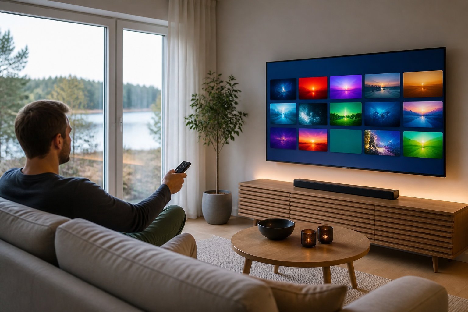 En person sitter i ett modernt svenskt vardagsrum och tittar på en TV med IPTV-tjänstens användargränssnitt.