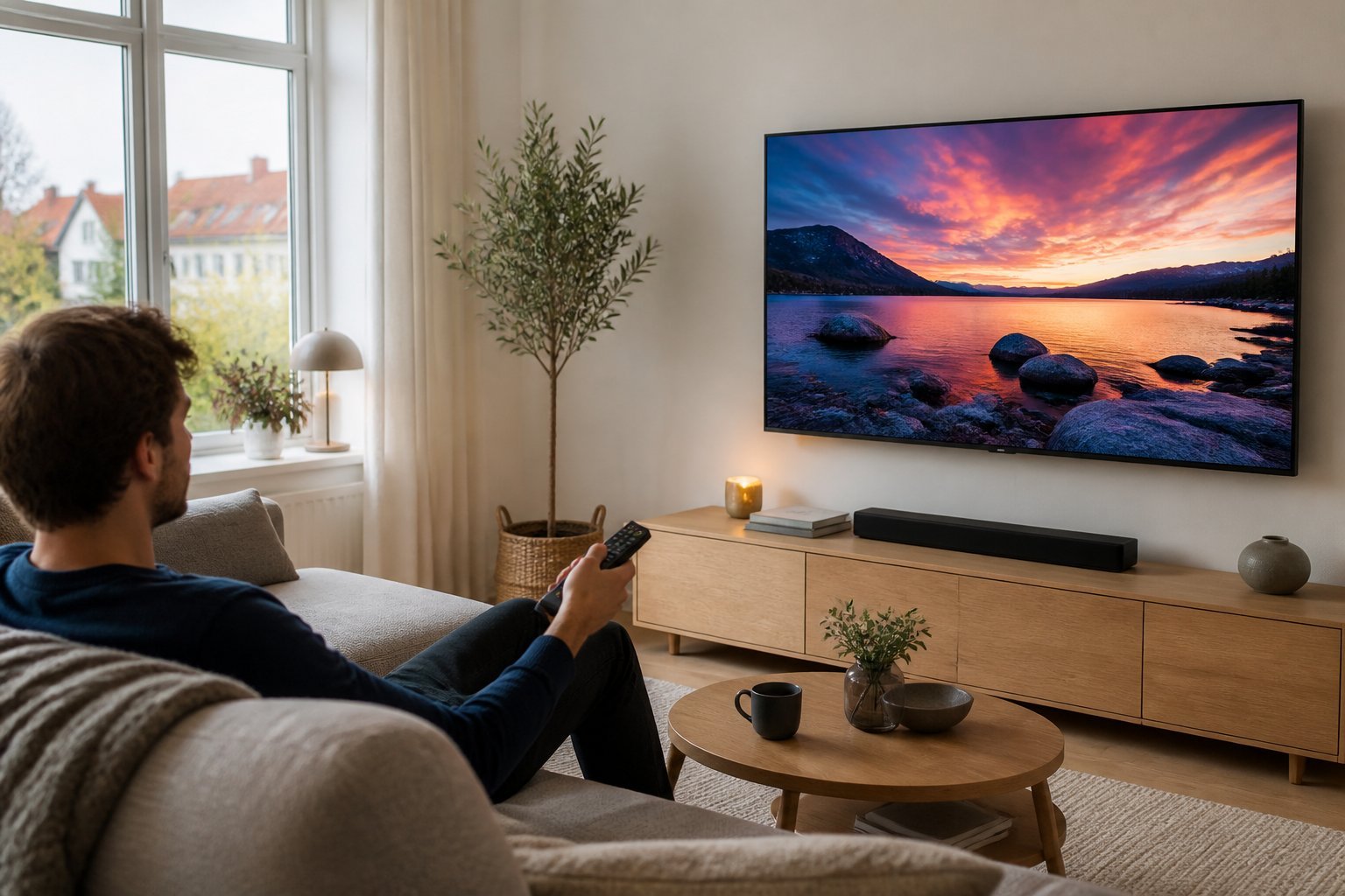 En person sitter i ett modernt vardagsrum och tittar på en platt-TV med strömmat innehåll.