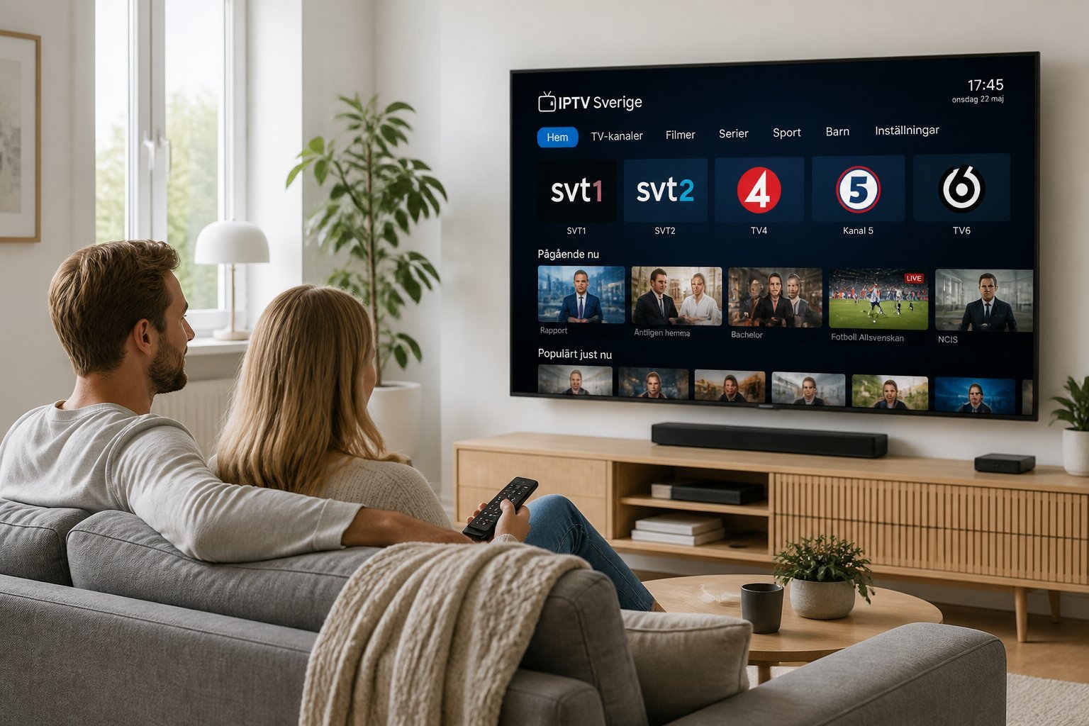 Ett ungt svenskt par sitter i ett modernt vardagsrum och tittar på en stor TV med IPTV-tjänstens användargränssnitt.