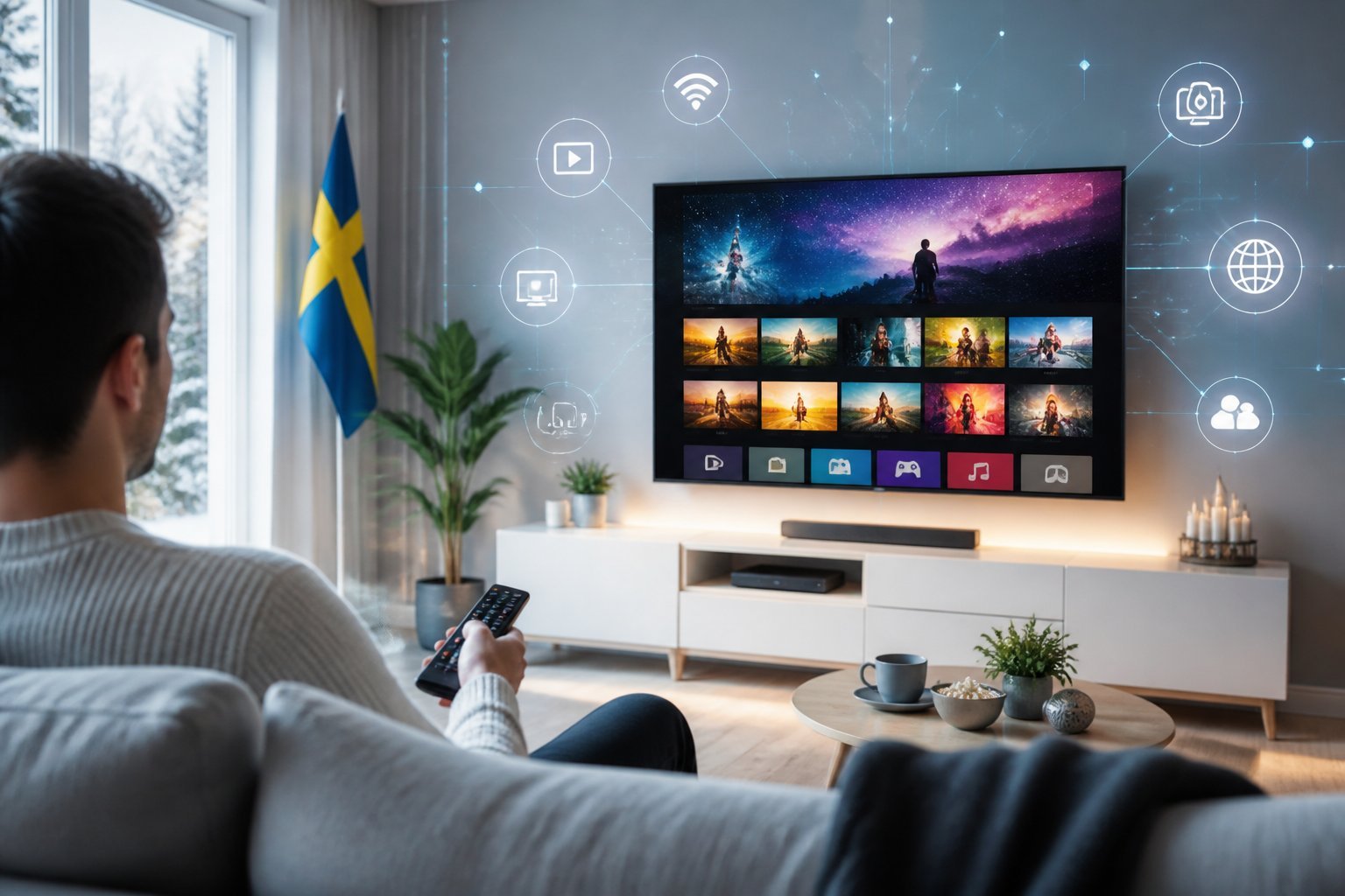 En person sitter i ett modernt vardagsrum och använder en fjärrkontroll framför en stor TV som visar en färgstark streamingbild, med digitala symboler som representerar teknik och uppkoppling runtomkring.