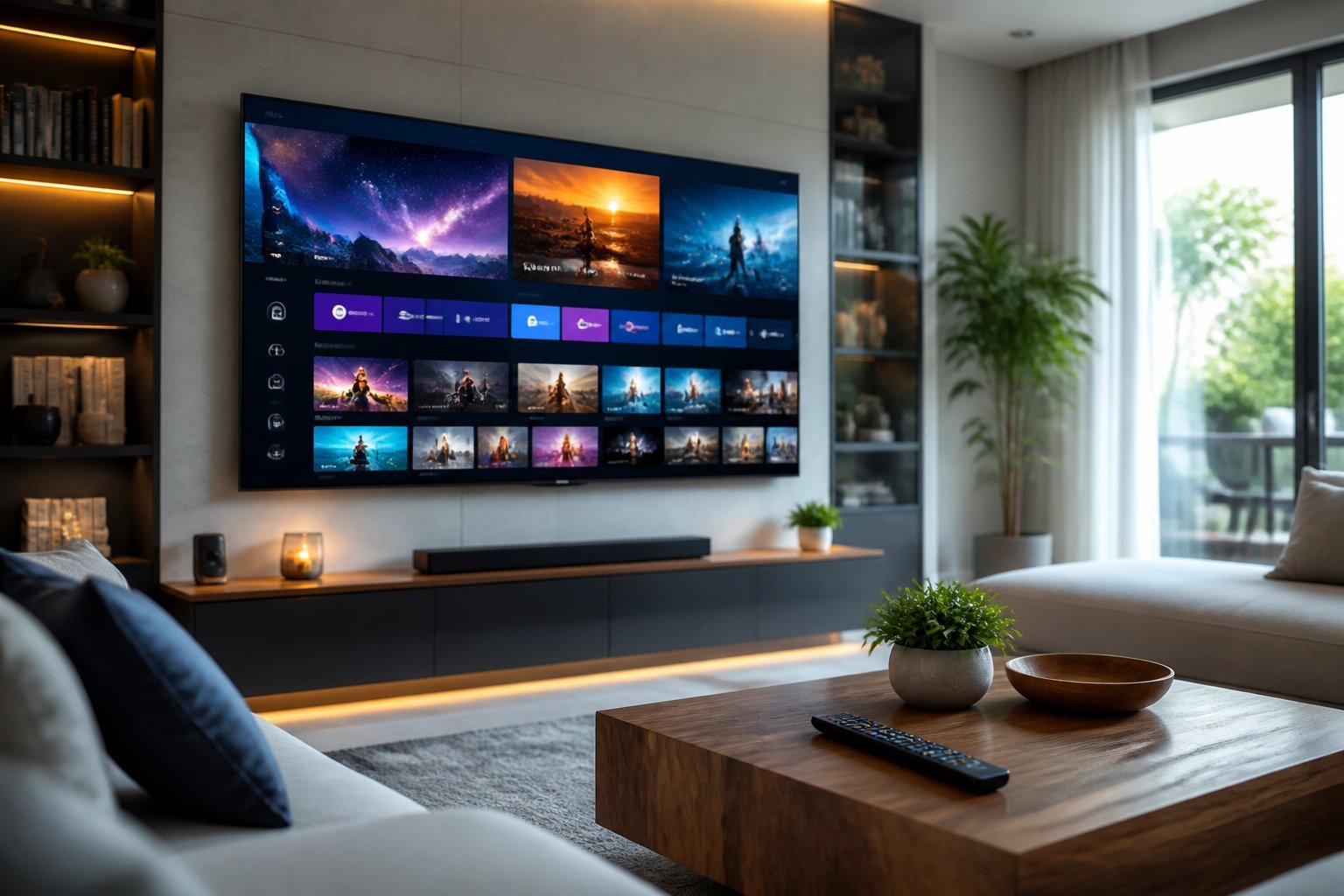 Ett modernt vardagsrum med en stor platt-TV som visar en streamingtjänst och en fjärrkontroll på ett bord framför en soffa.