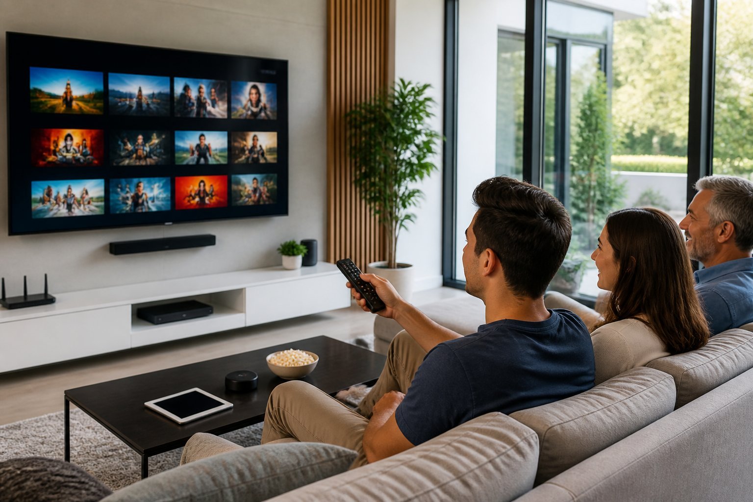 En modern vardagsrumsscen med en stor smart-TV och två personer som använder en fjärrkontroll för att titta på IPTV.