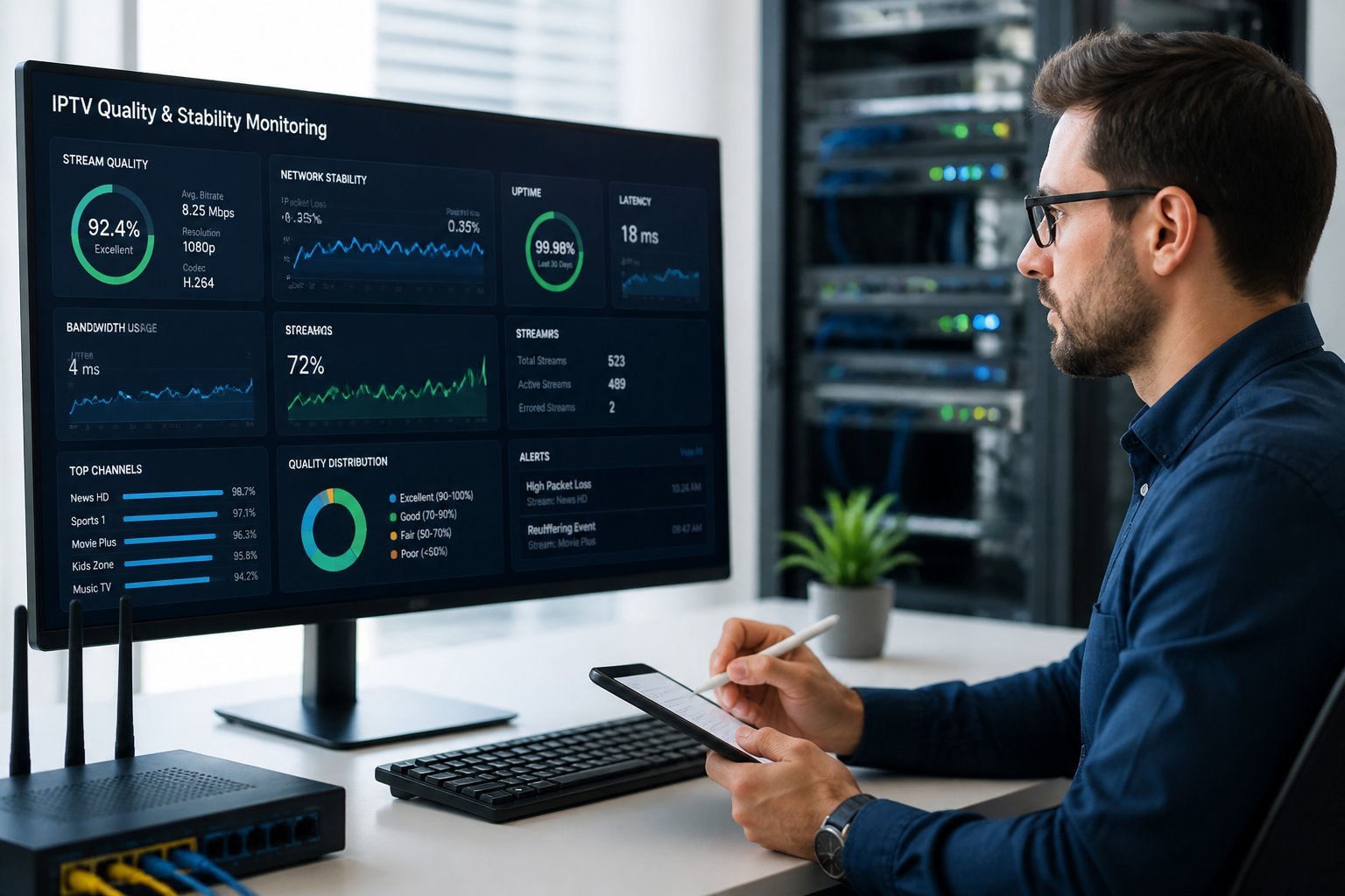 En person som analyserar data på en datorskärm i en modern arbetsmiljö med teknisk utrustning i bakgrunden.