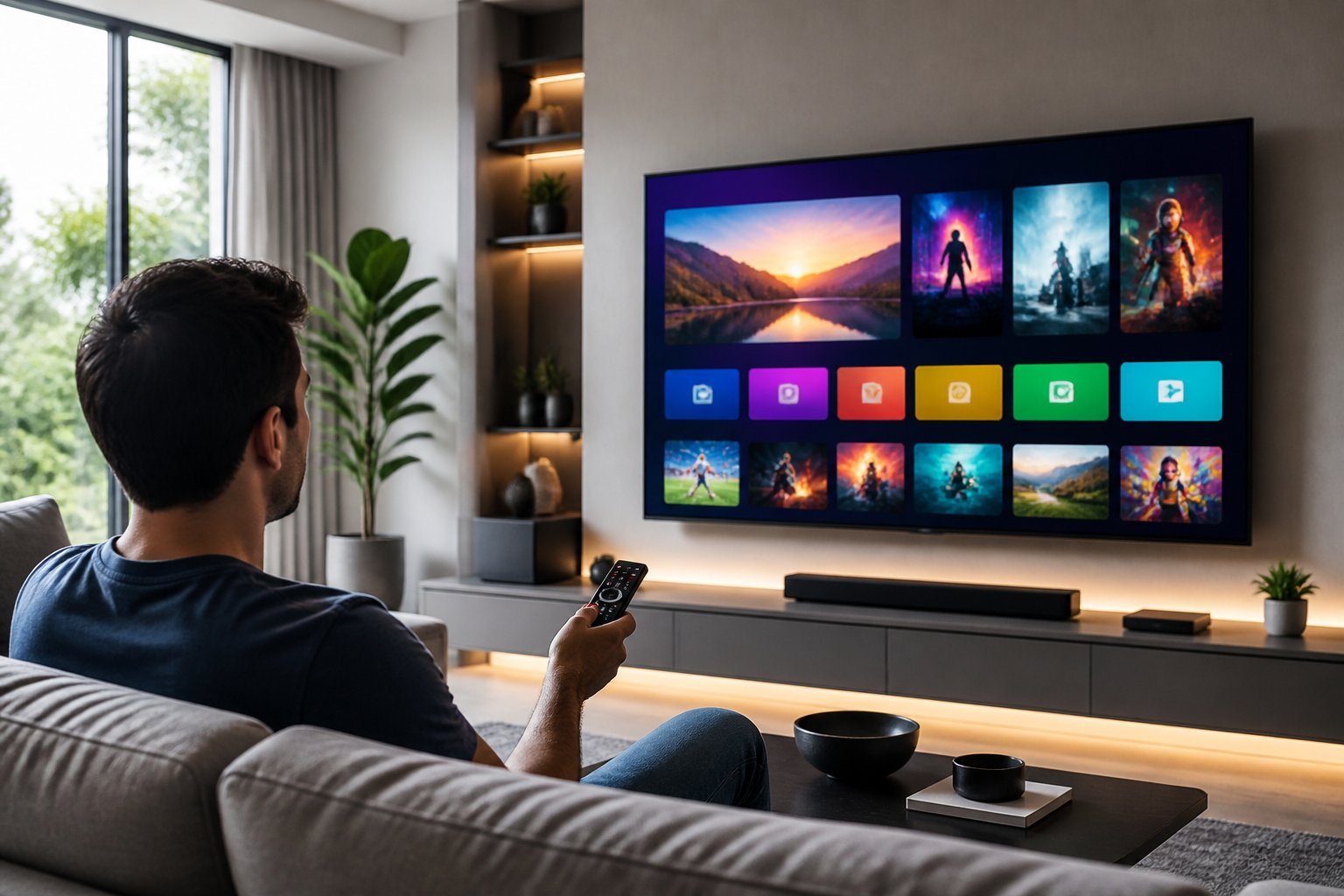 En person som sitter i ett vardagsrum och använder en fjärrkontroll framför en stor smart-TV med en färgstark streamingmeny.