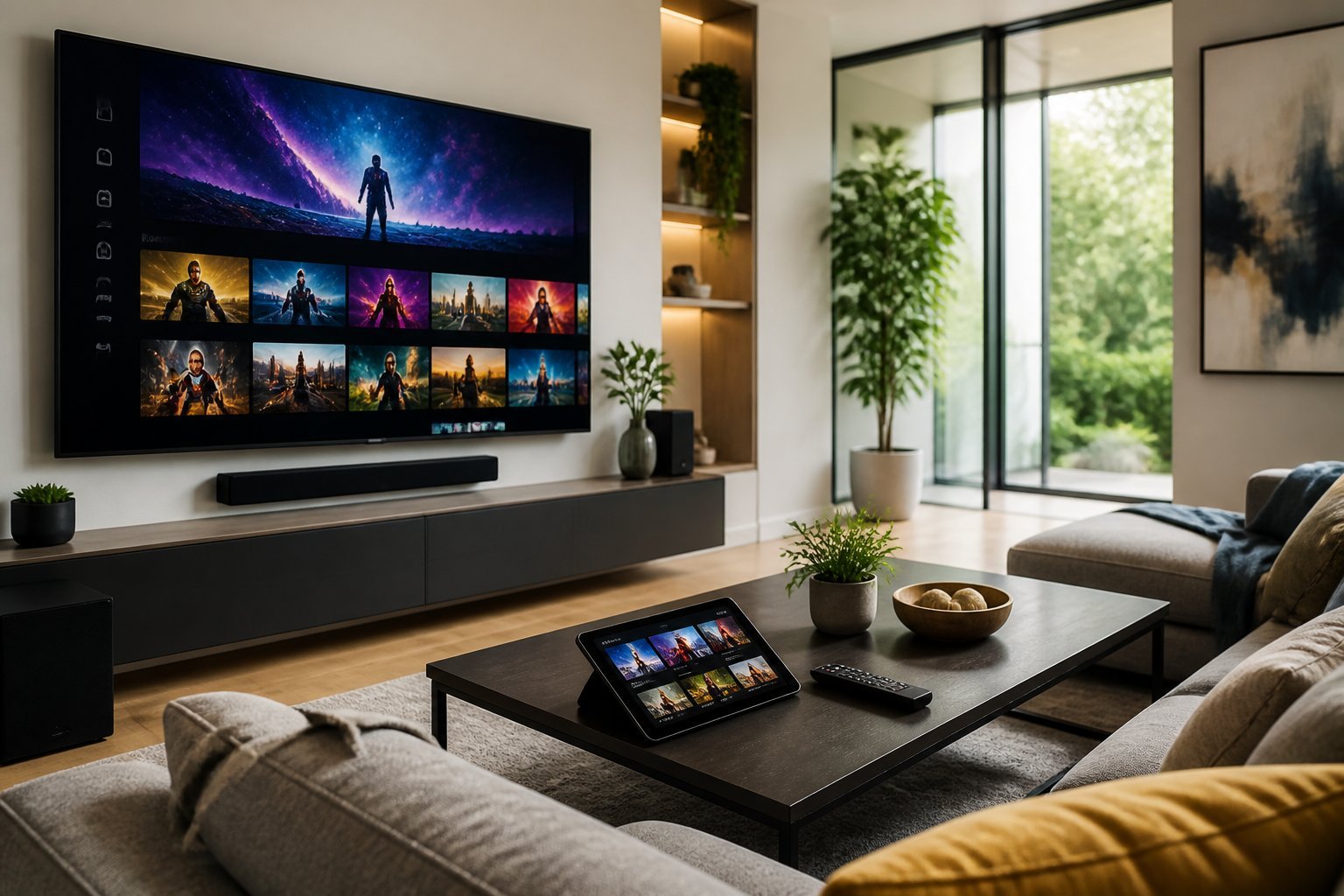 Ett modernt vardagsrum med en smart-TV som visar en digital streamingmeny och en soffa med ett soffbord i förgrunden.