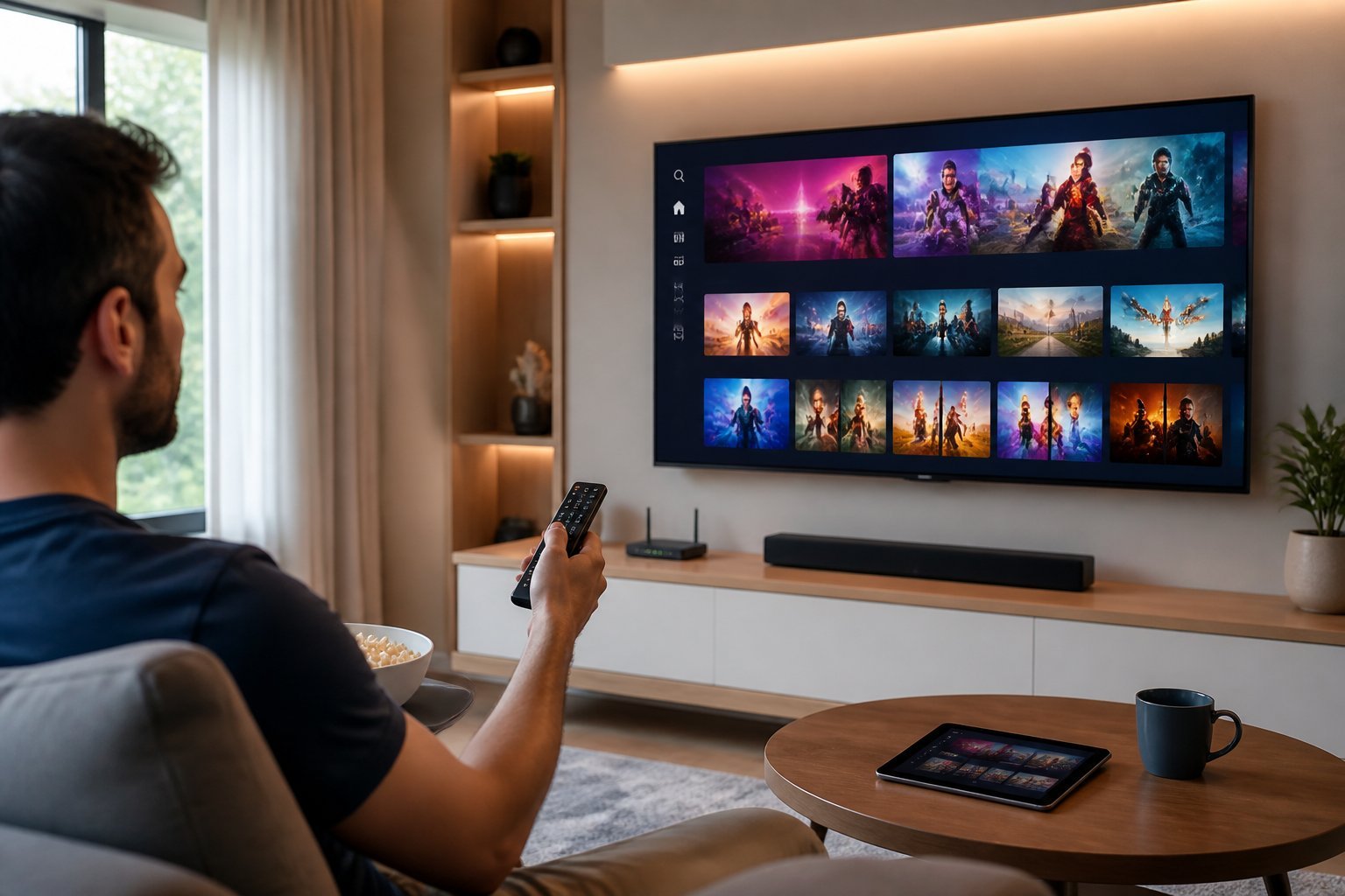 En person som sitter i ett vardagsrum och använder en fjärrkontroll för att styra en stor smart-tv med en färgstark streamingapp på skärmen.