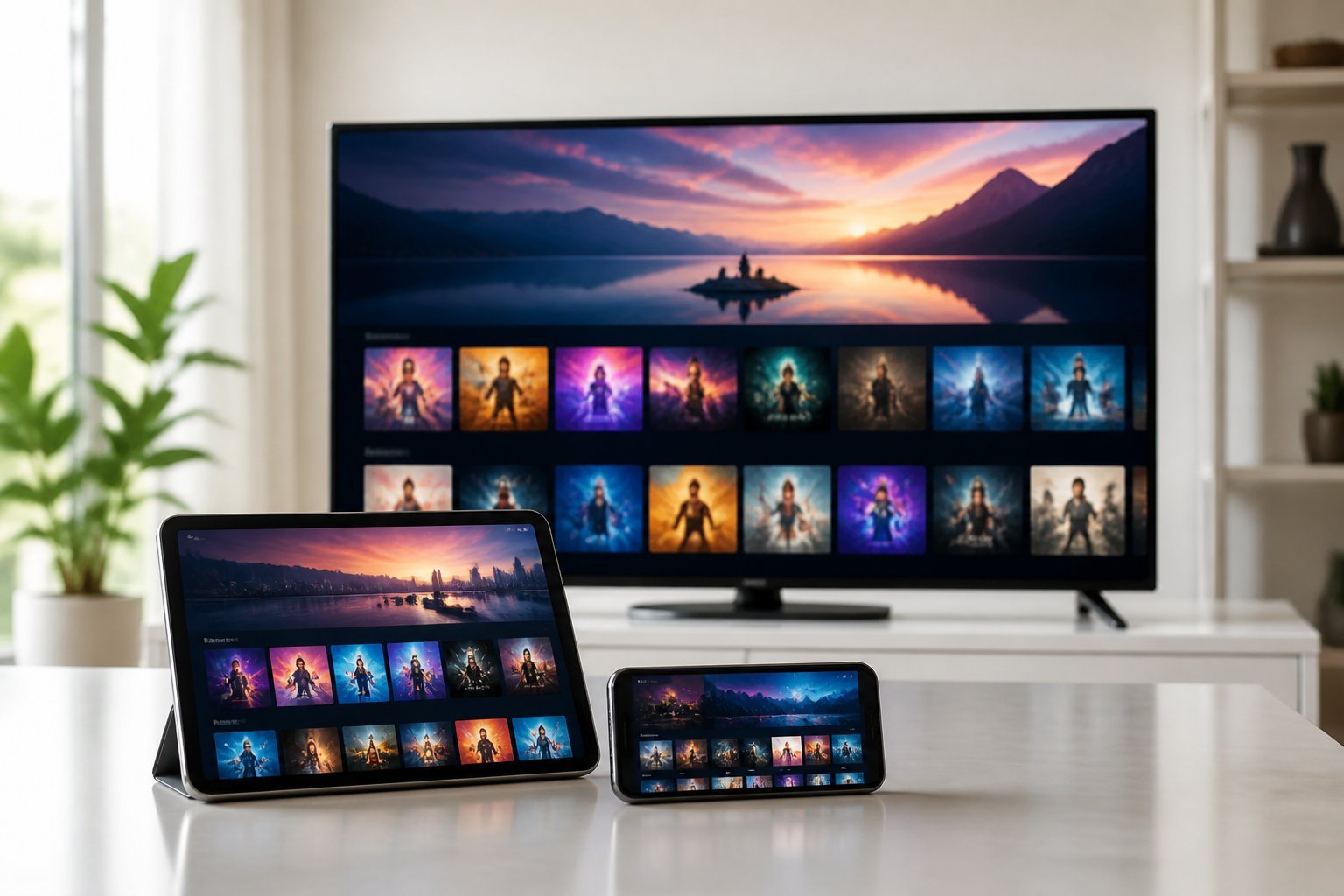 Flera moderna enheter som smart-tv, surfplatta och smartphone med streaminginnehåll i ett ljust vardagsrum.
