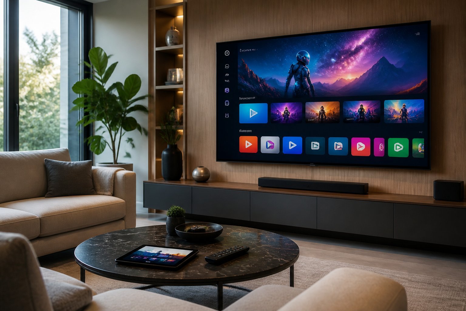 Ett vardagsrum med en stor TV som visar en färgstark digital streamingmeny, med modern inredning och naturligt ljus.